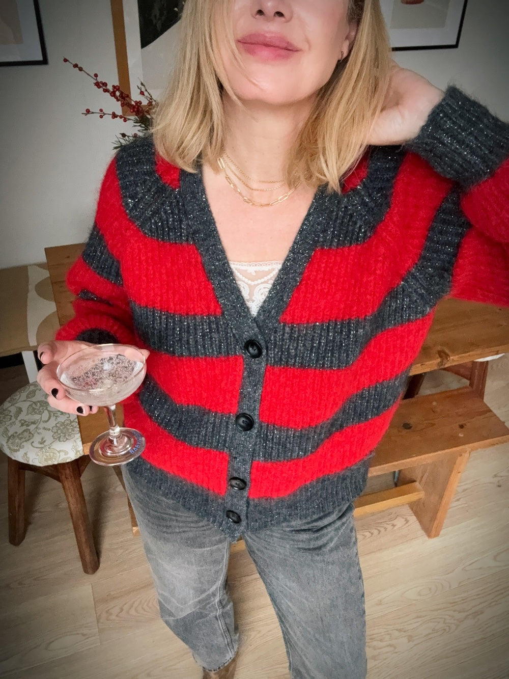 Joni Wide Stripe Wool Cardigan Red Charcoal