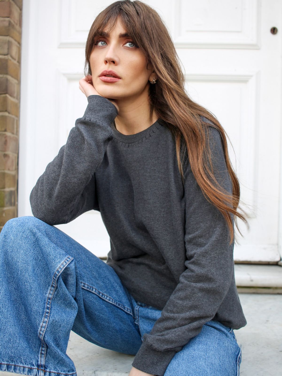 charcoal grey sweater in lightweight jersey with black contrast blanket stitch