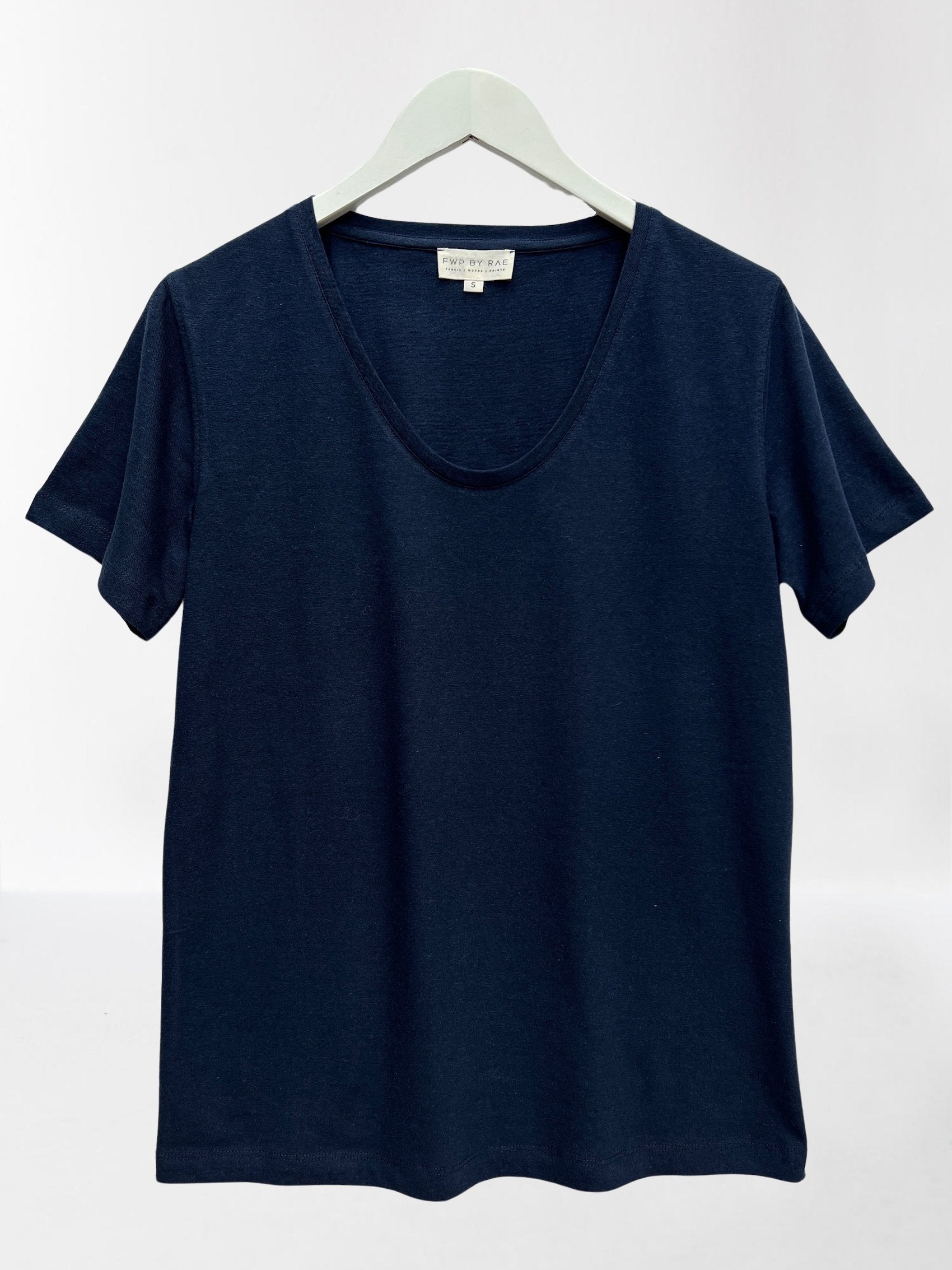 Manon Linen Cotton Navy T-Shirt Deep Neckline