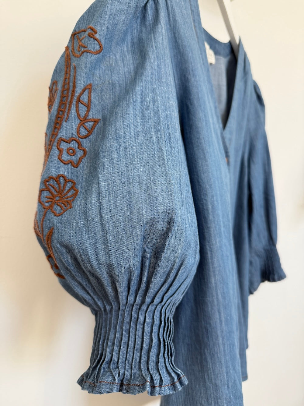 Penny Soft Denim Pleated Cuff Blouse with Embroidery