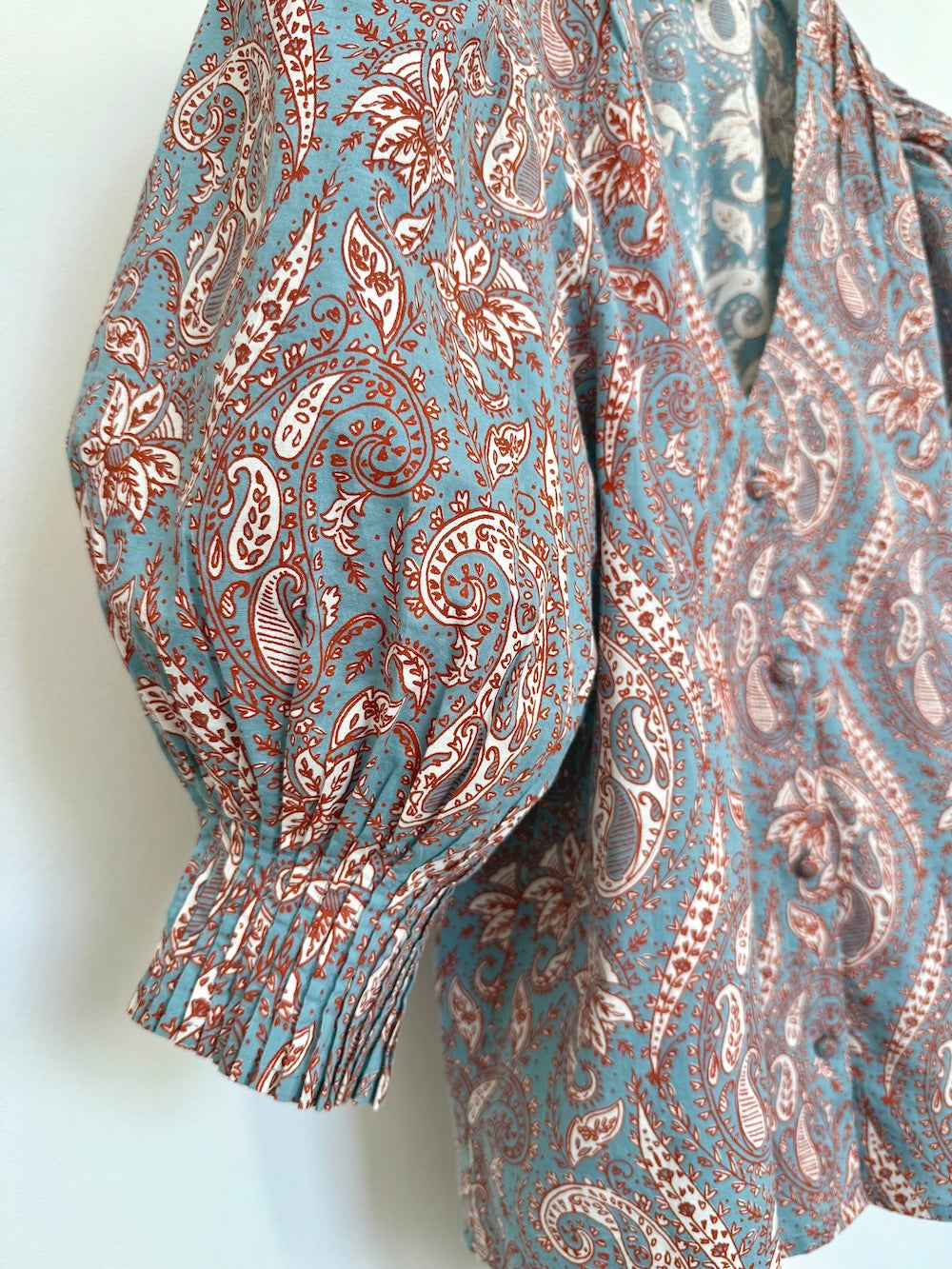 Penny Floral Paisley Pleated Cuff Blouse Blue