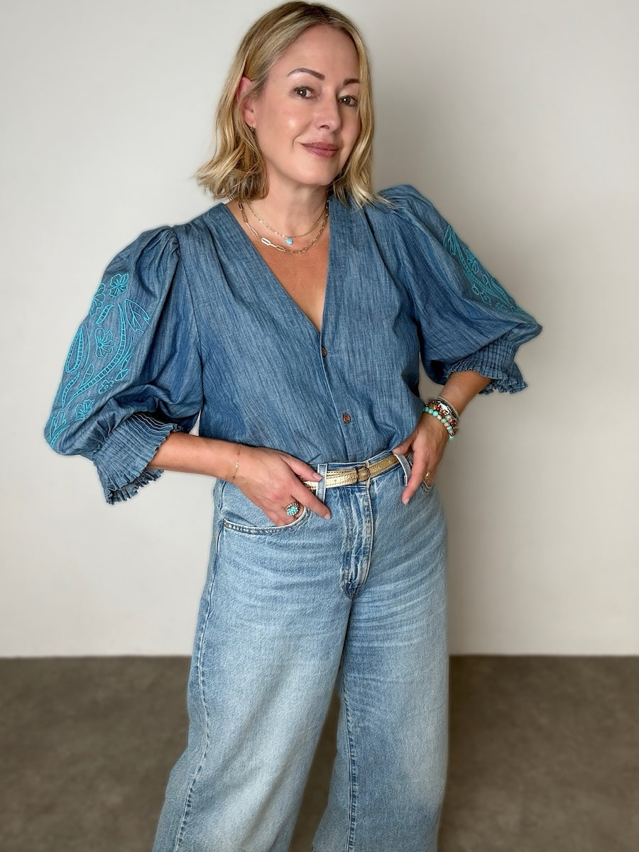 Pleated cuff denim blouse