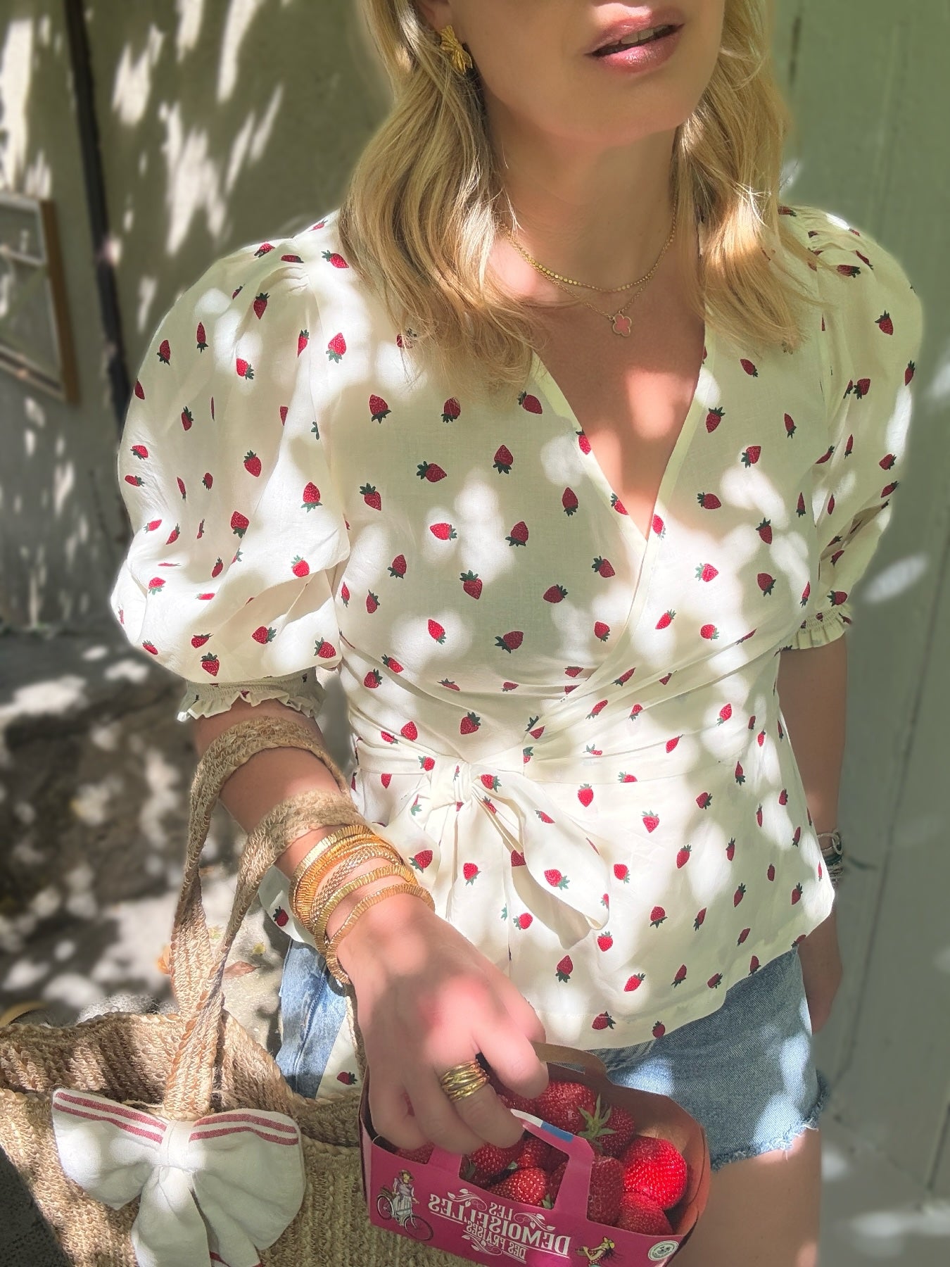 Cara Wrap Blouse with Shirred Cuff Red Strawberries