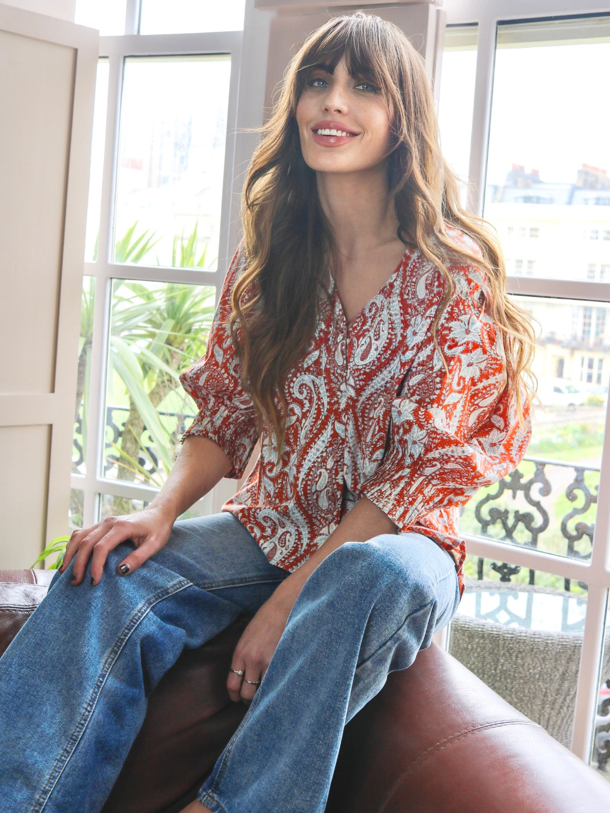 Penny Floral Paisley Pleated Cuff Blouse Rust Orange