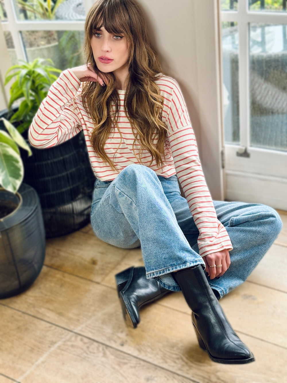 Bridget Long Sleeve Stripe Tee Coral Ecru