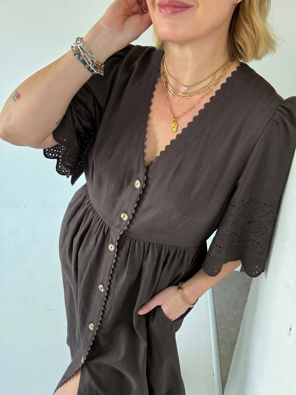 Ava Button Front Dress Lace Cut Sleeves Deep Chocolate Brown