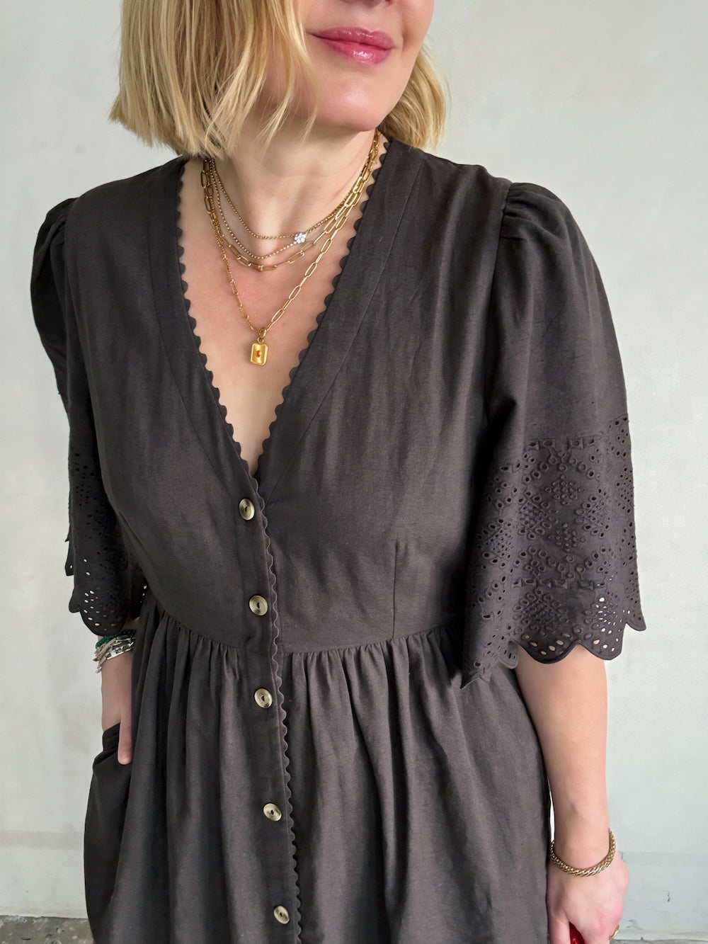 Ava Button Front Dress Lace Cut Sleeves Deep Chocolate Brown