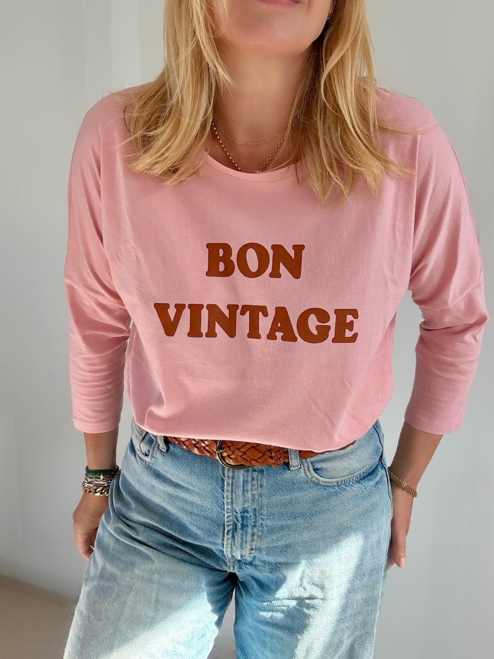 Bon Vintage 3/4 Sleeve Organic Cotton Top Pink Caramel