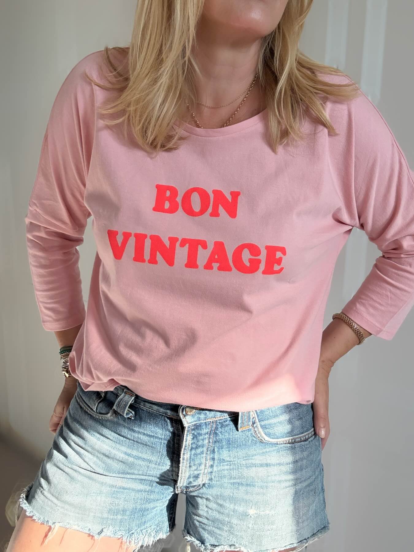 Bon Vintage 3/4 Sleeve Organic Cotton Top Pink Neon Coral