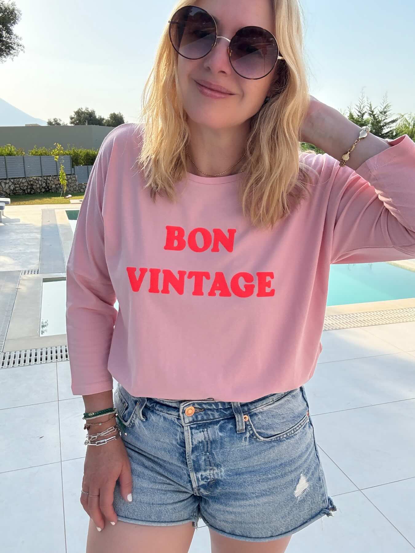 Bon Vintage 3/4 Sleeve Organic Cotton Top Pink Neon Coral