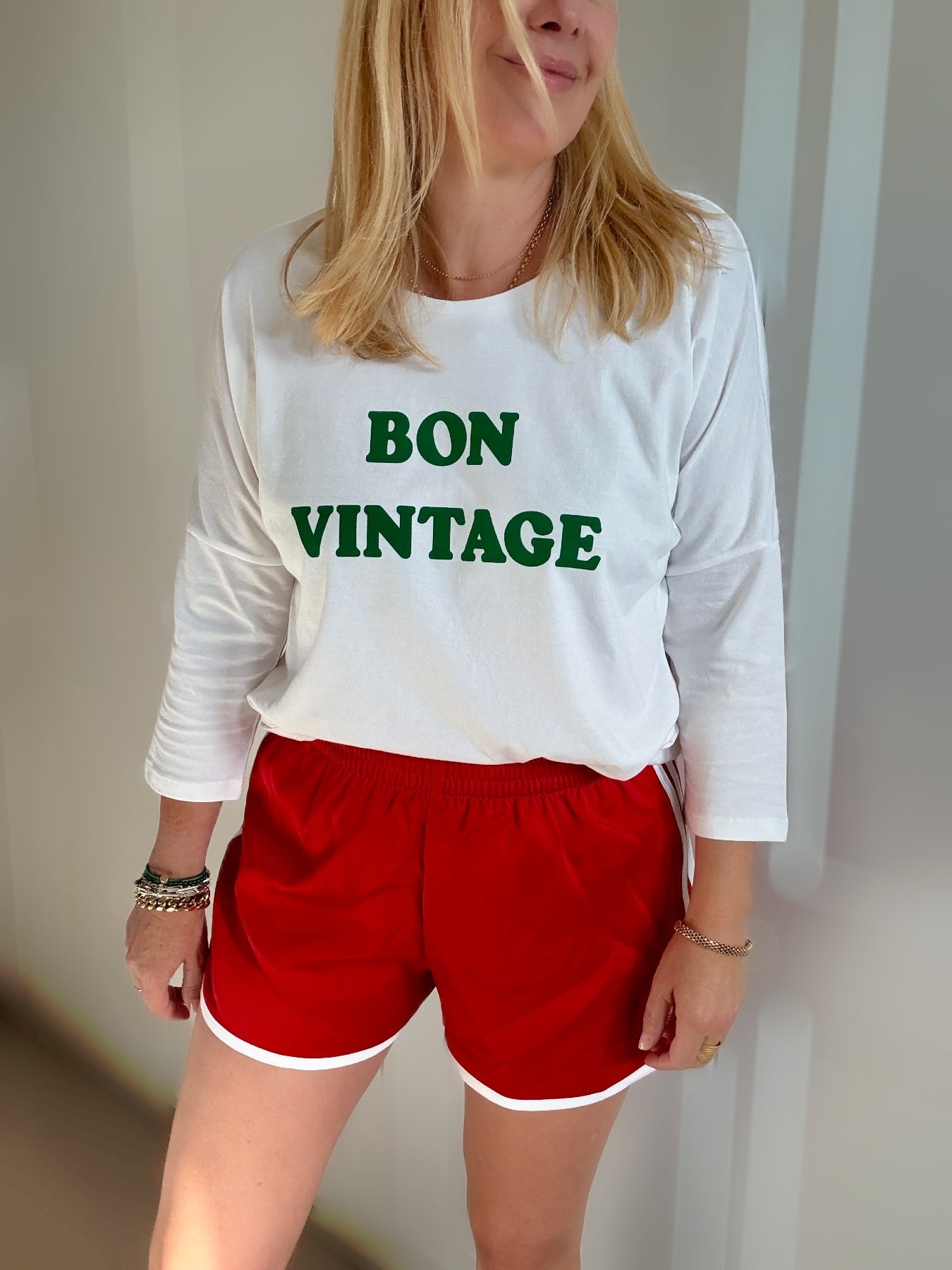 Bon Vintage 3/4 Sleeve Organic Cotton Top White Green