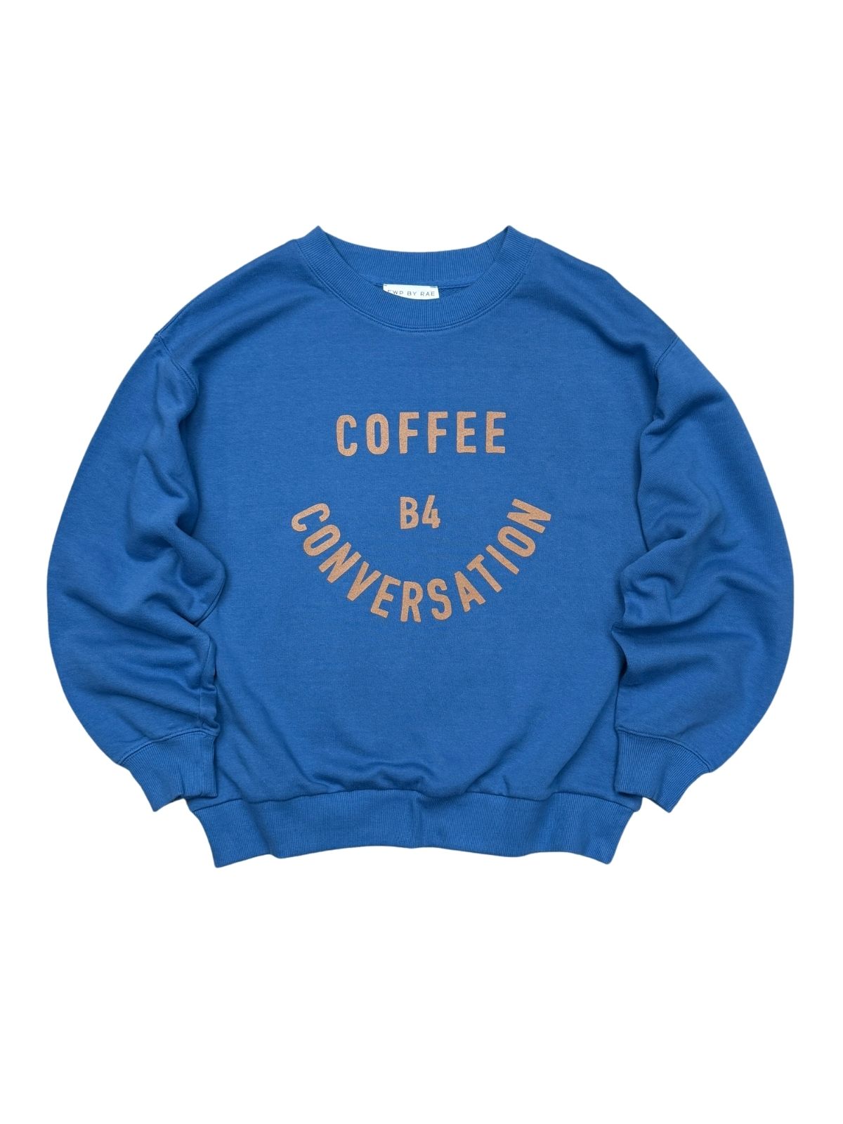 Blue sweatshirt with 'Coffee B4 Conversation' text on a white background