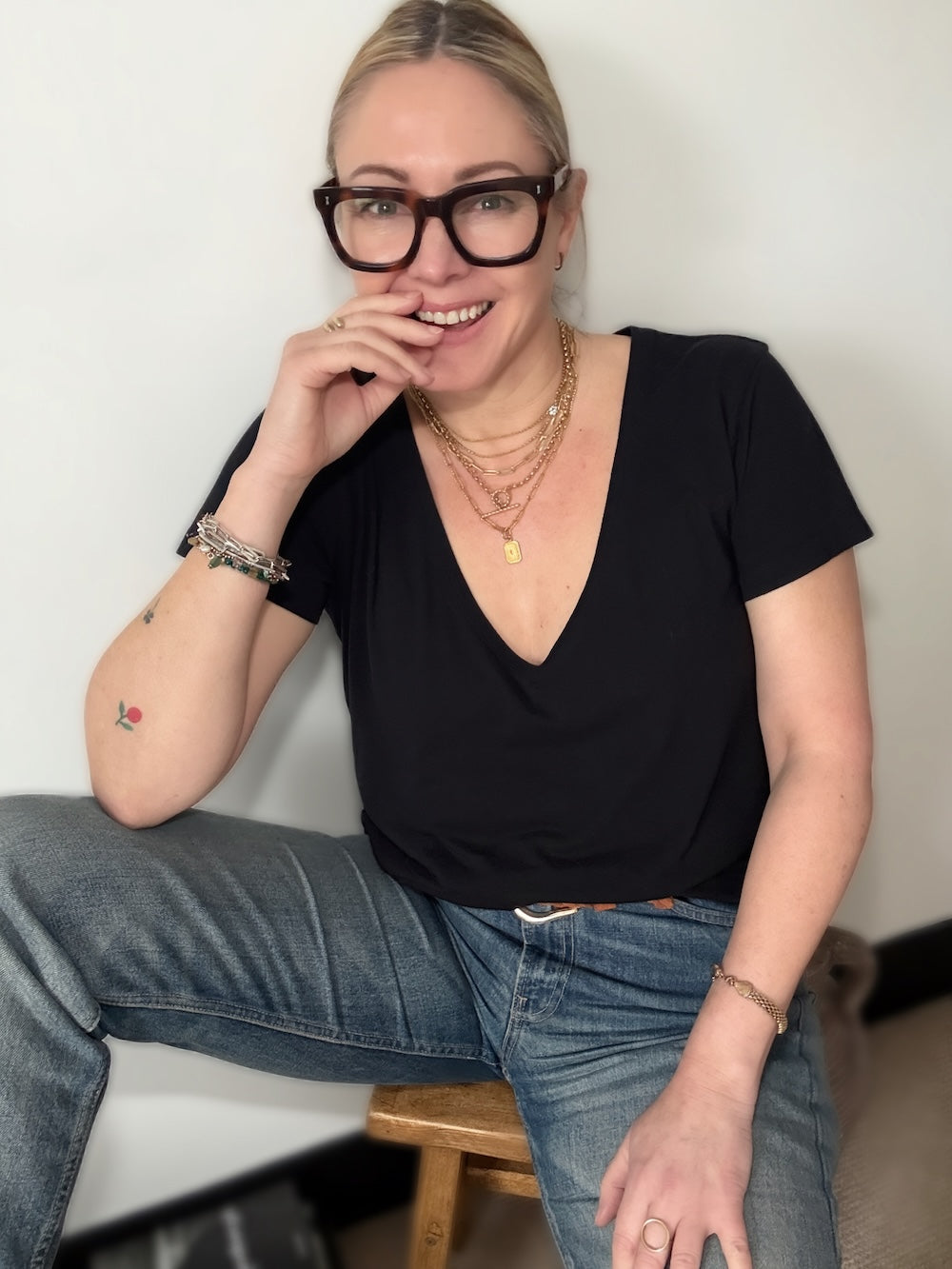 black t-shirt with deep v neckline