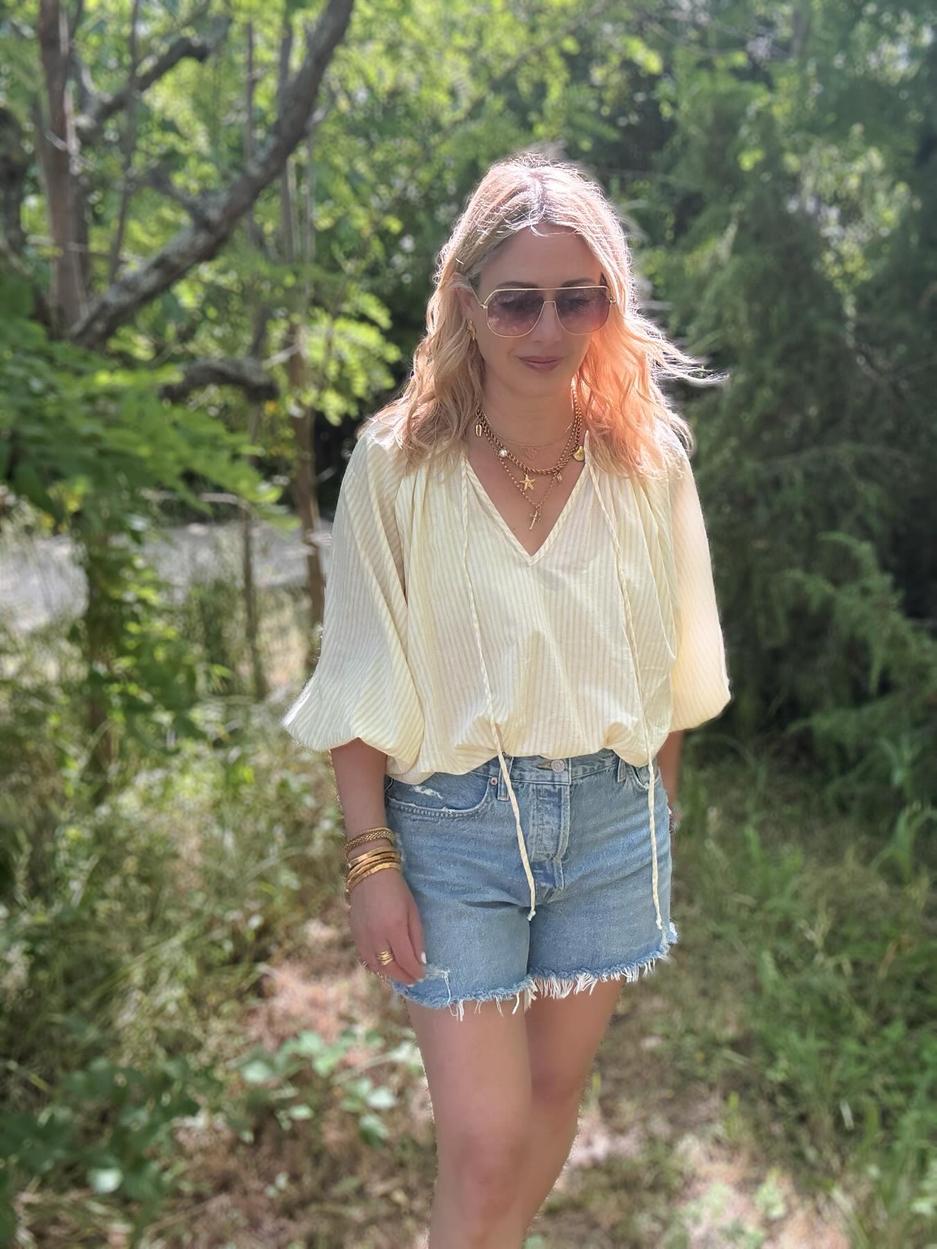 Emily Stripe Poet Blouse Organic Cotton Lemon