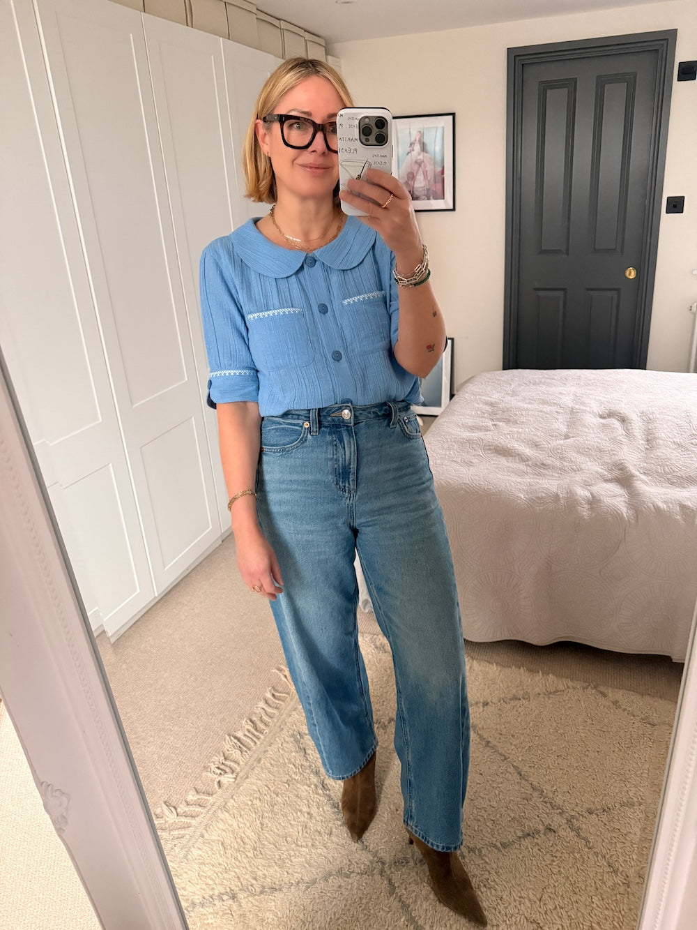 Farrah Crinkle Linen Blend Embroidered Short Sleeve Blouse Sky Blue