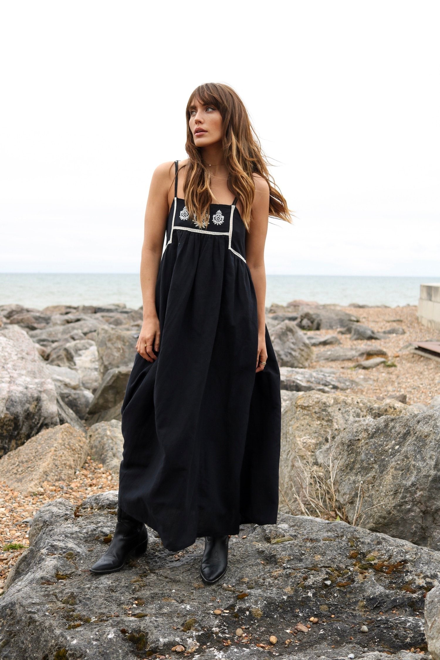 Florence Embroidered Linen Maxi dress black | fwp by rae