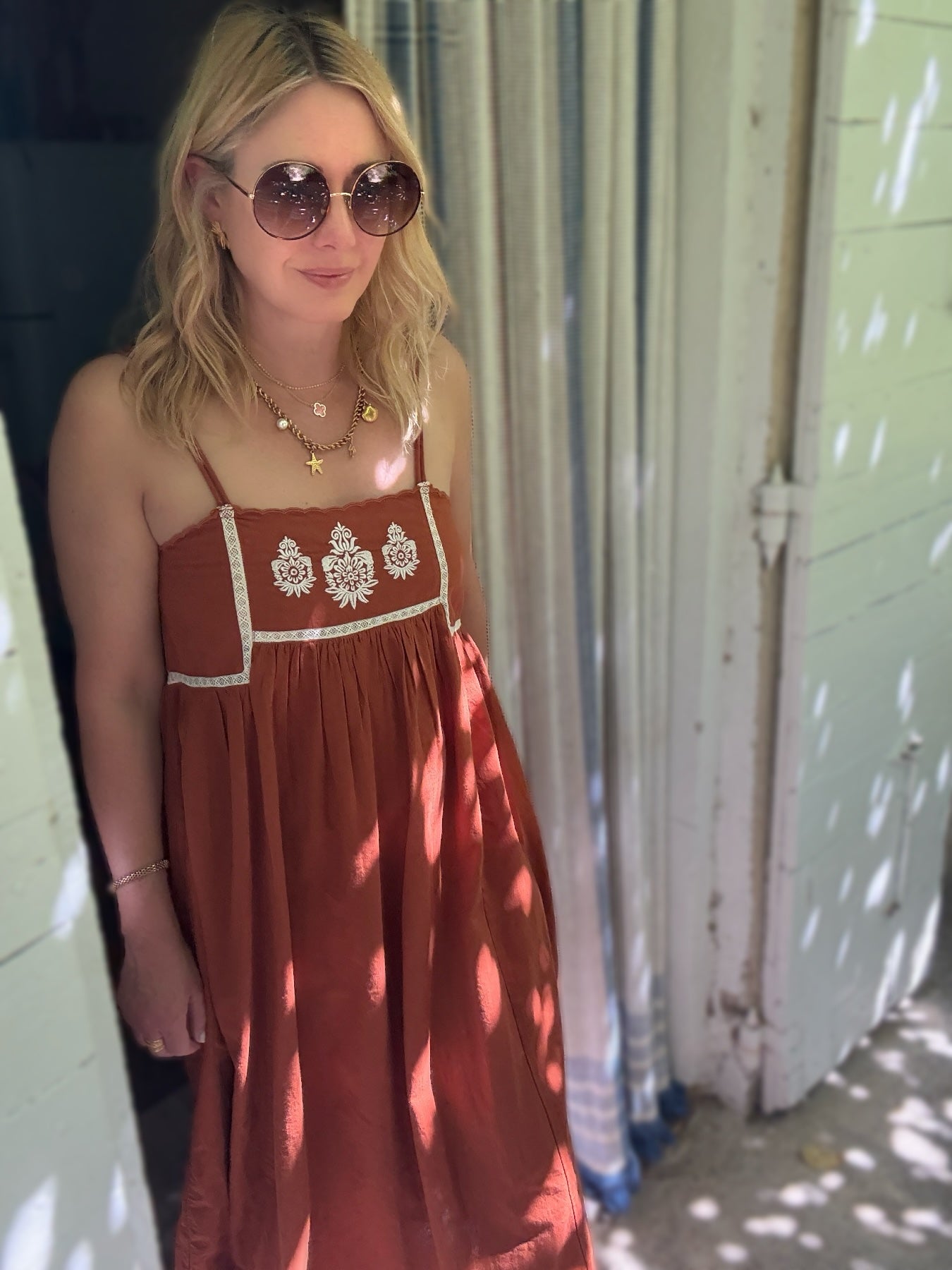 Florence Embroidered Linen Maxi Dress Brown