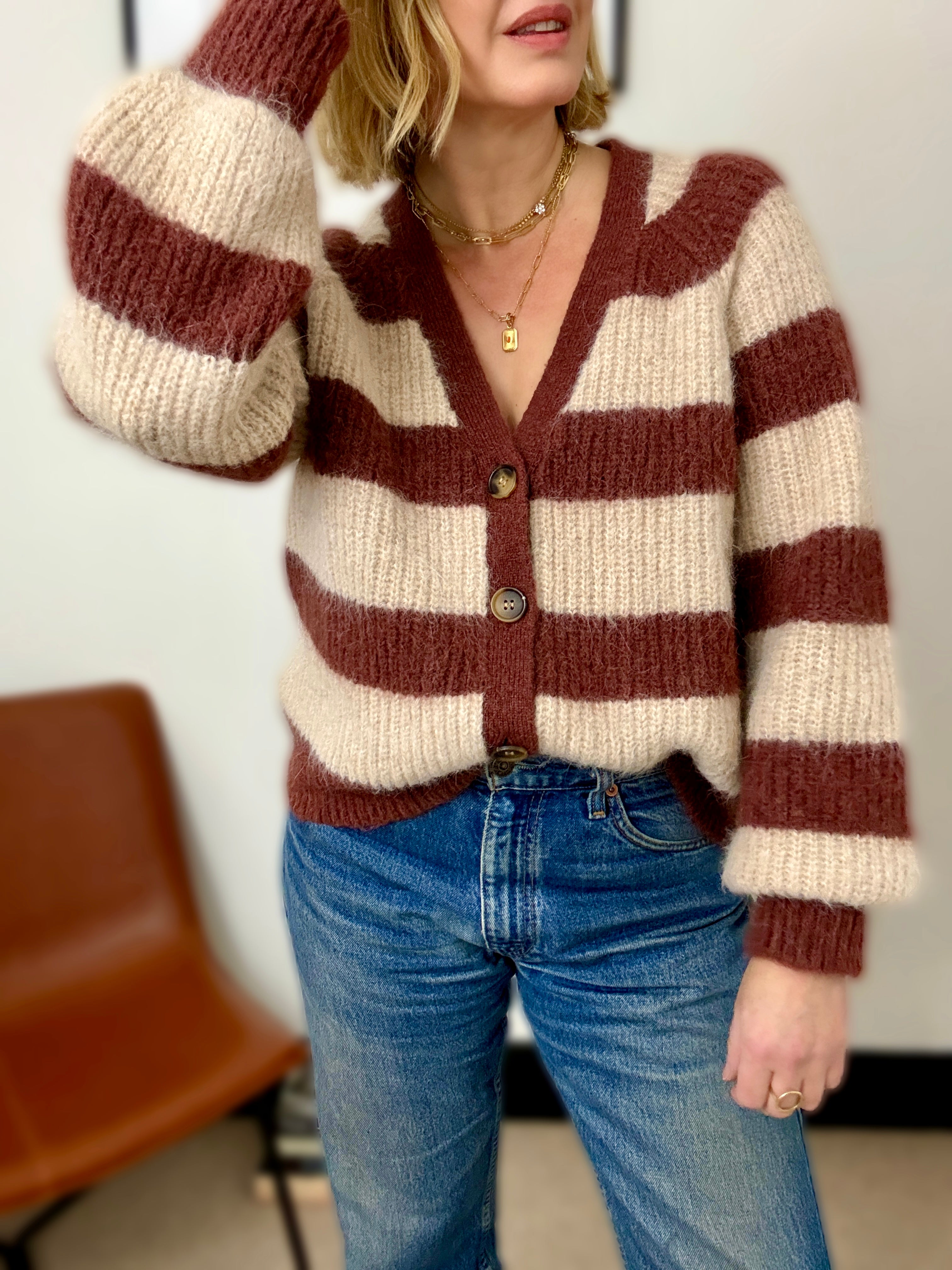 Joni Wide Stripe Wool Cardigan Brown Beige