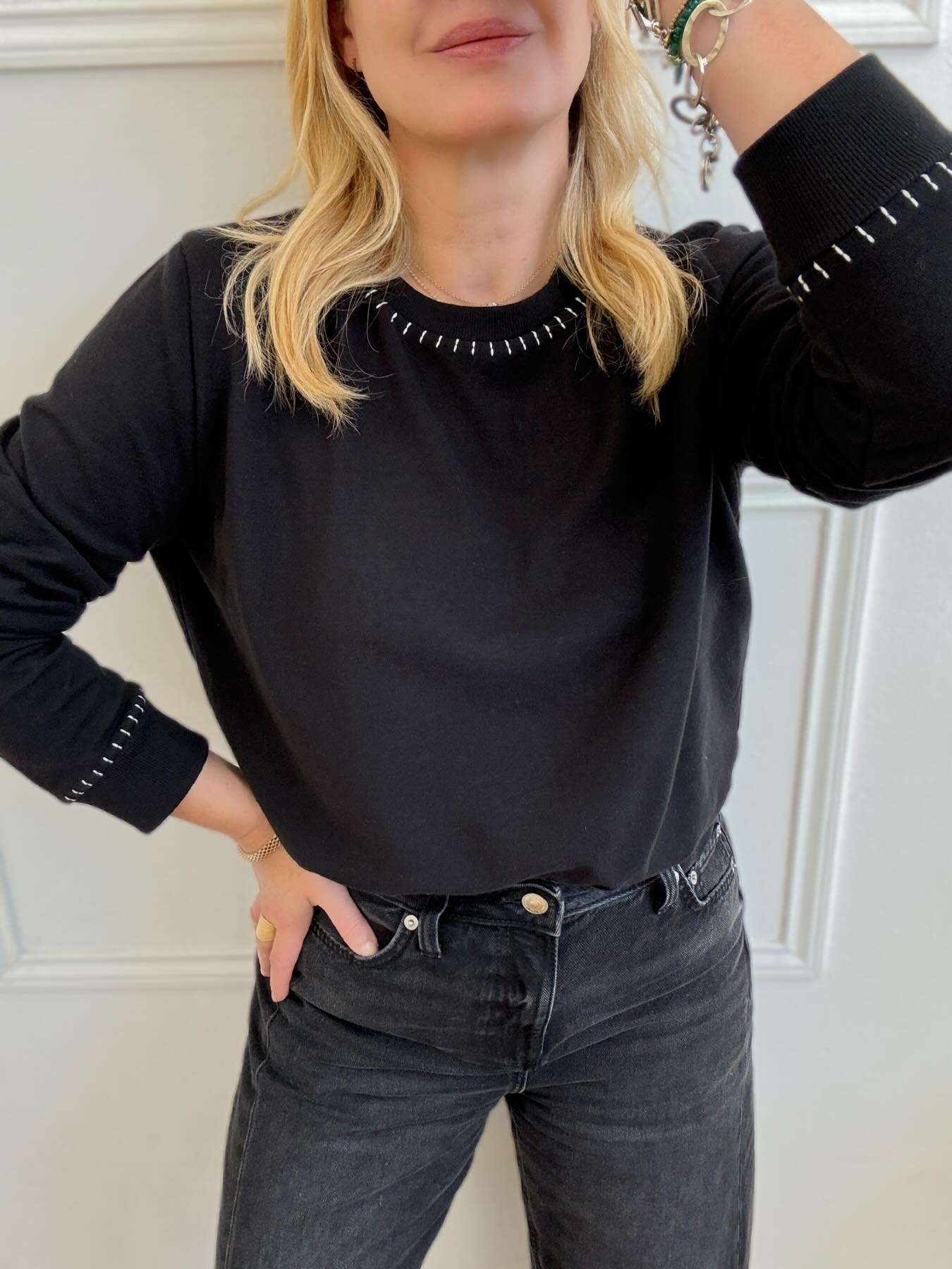 Maeve Fine Knit Blanket Stitch Sweatshirt Black