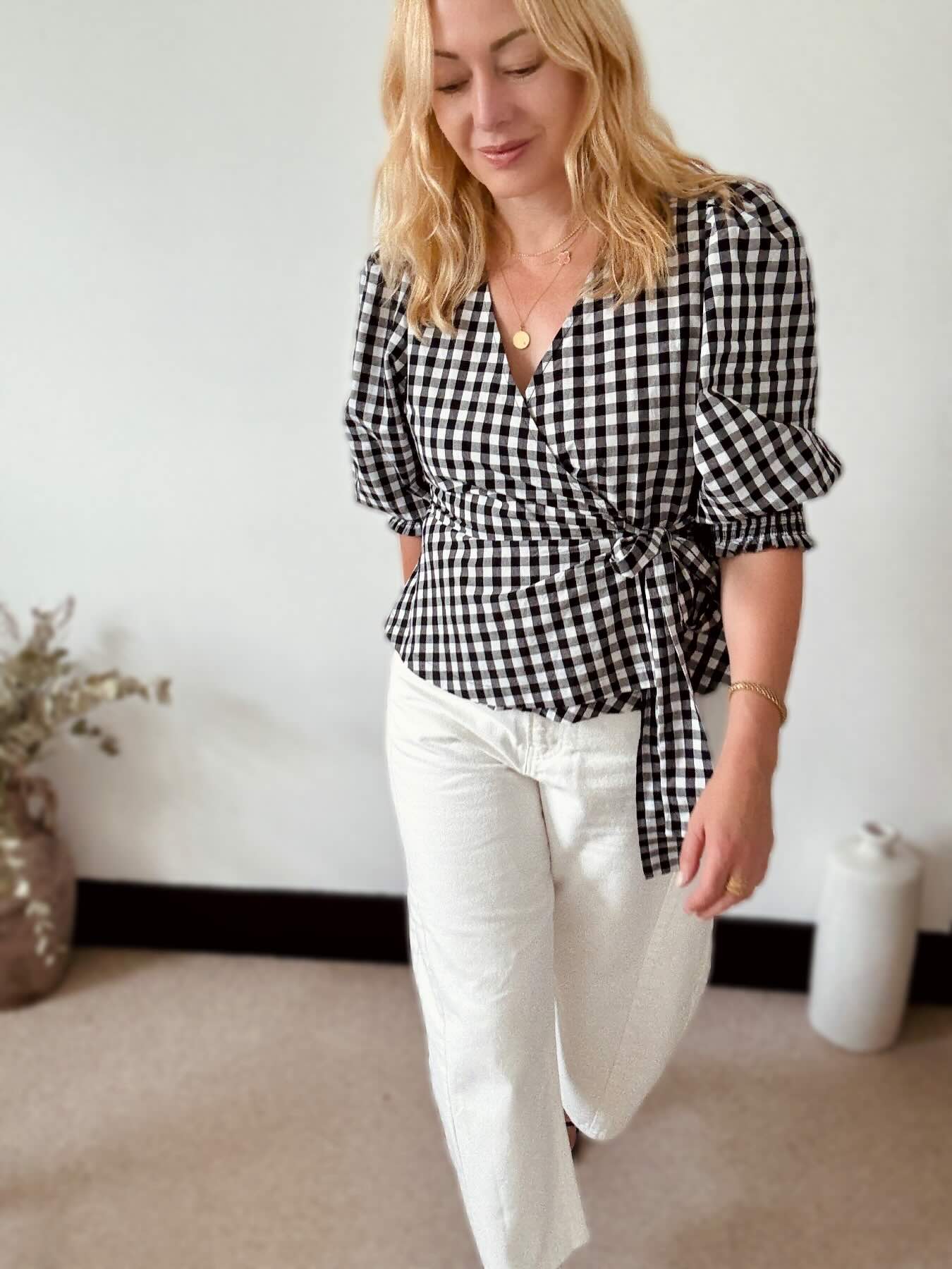 Cara Wrap Blouse with Shirred Cuff Gingham check
