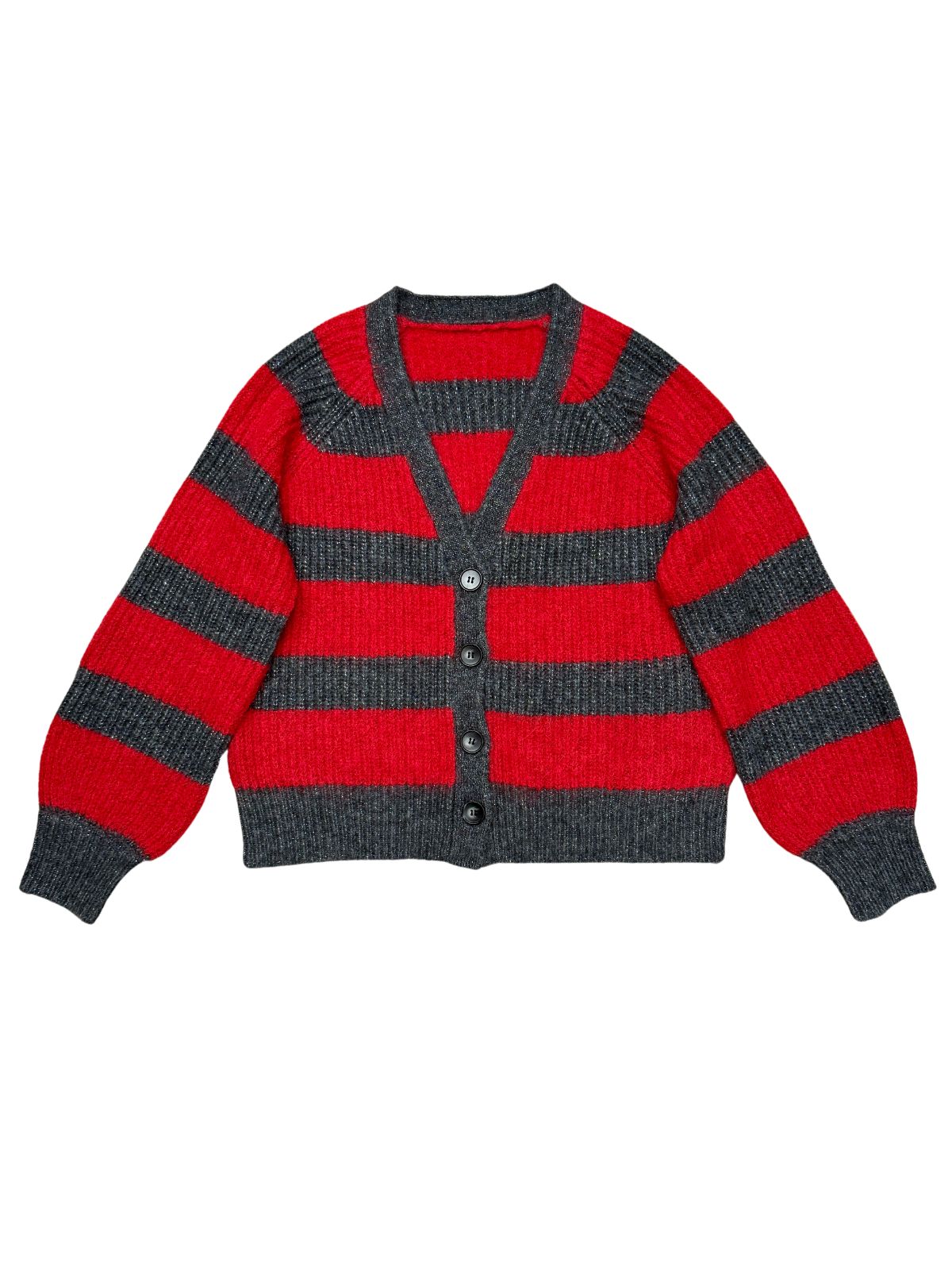 Joni Wide Stripe Wool Cardigan Red Charcoal