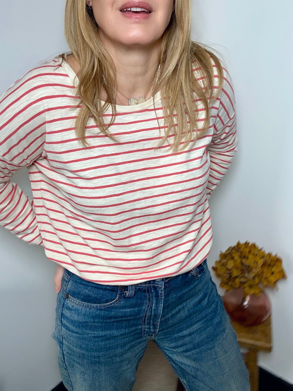 Stripe Long Sleeve Top Ecru Coral