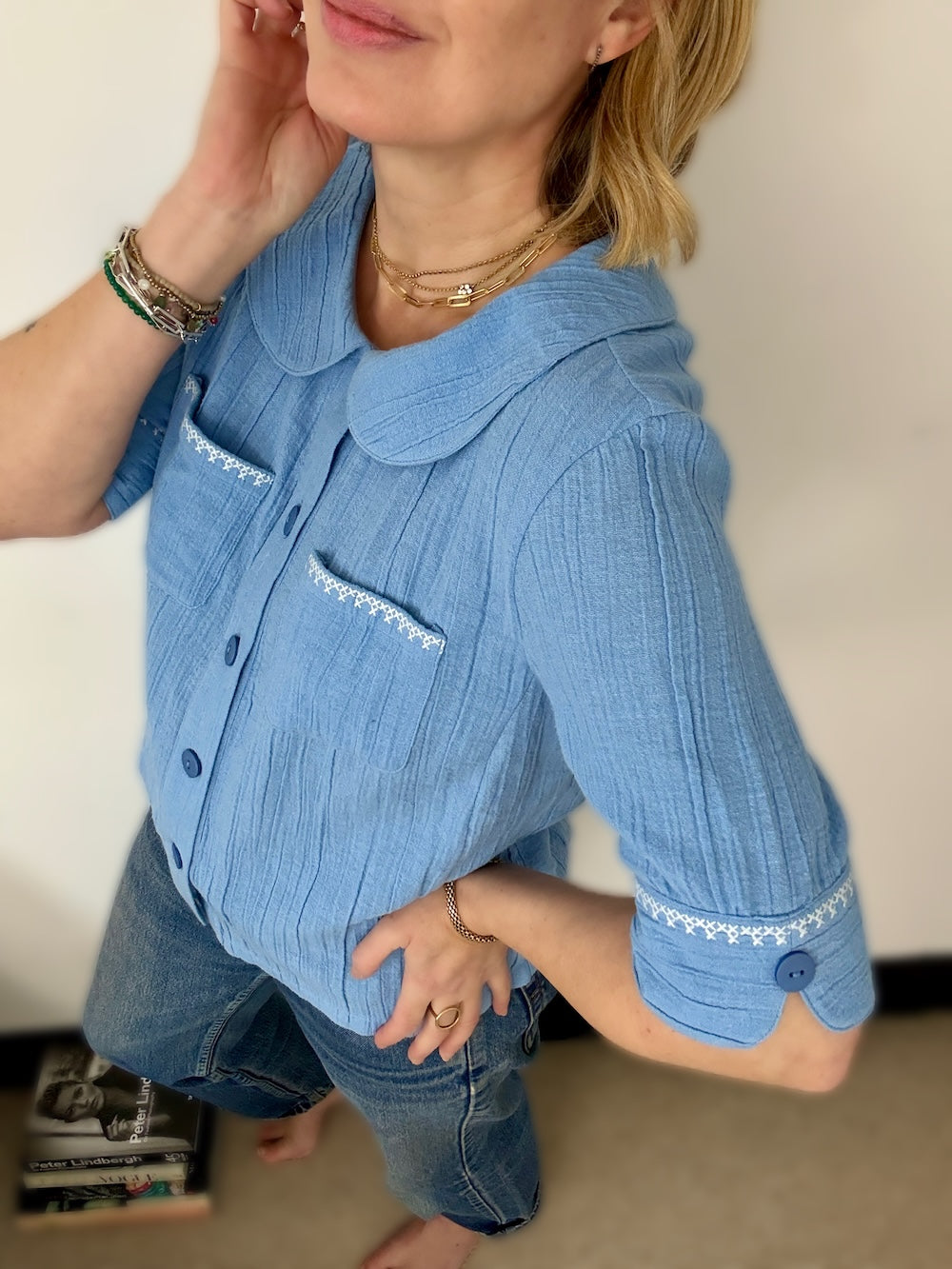 Farrah Crinkle Linen Blend Embroidered Short Sleeve Blouse Sky Blue