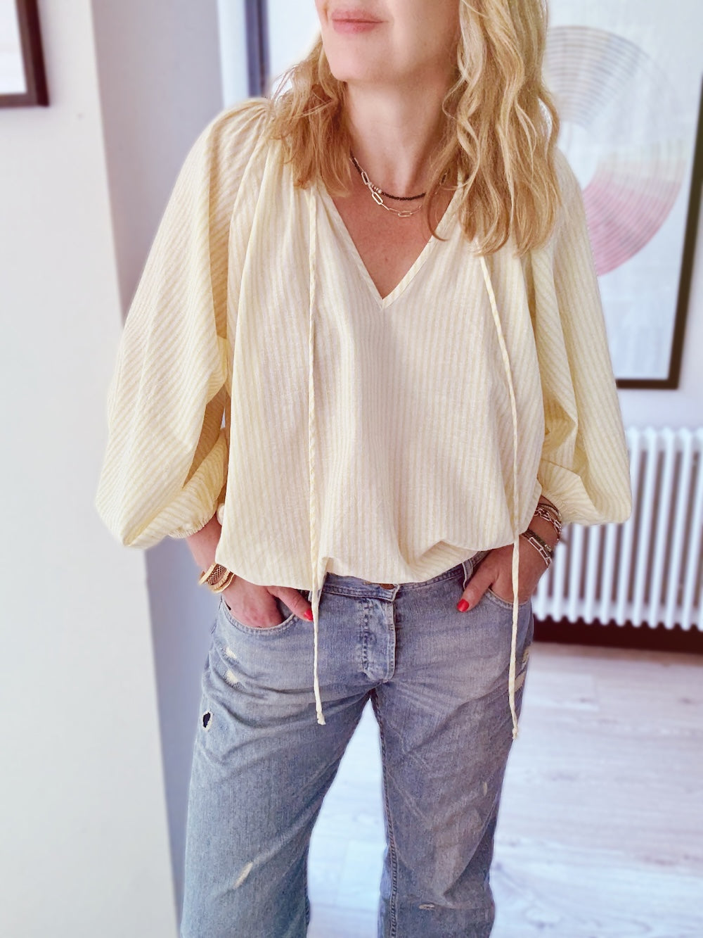 Emily Stripe Poet Blouse Organic Cotton Lemon