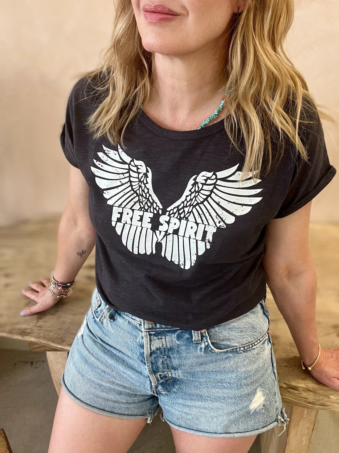 Free Spirit Tee distressed white slate black | fwp by rae | vintage style tee