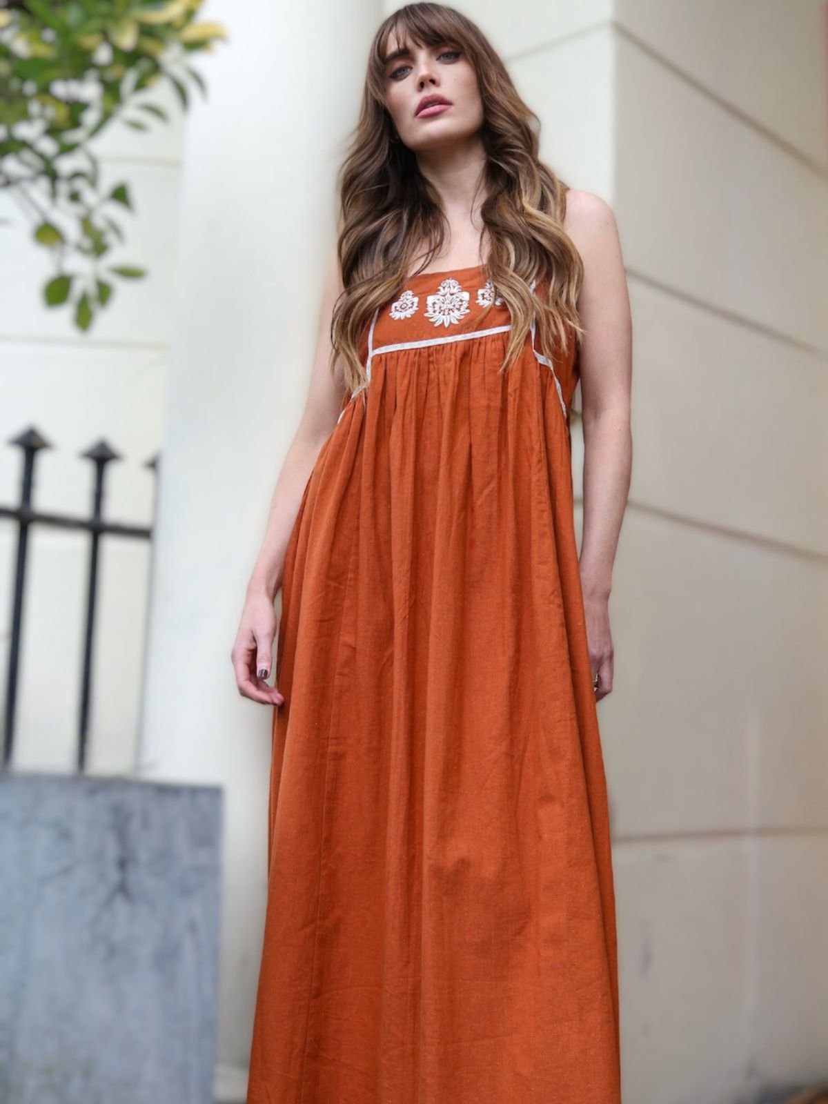 Florence Embroidered Linen Maxi Dress Brown
