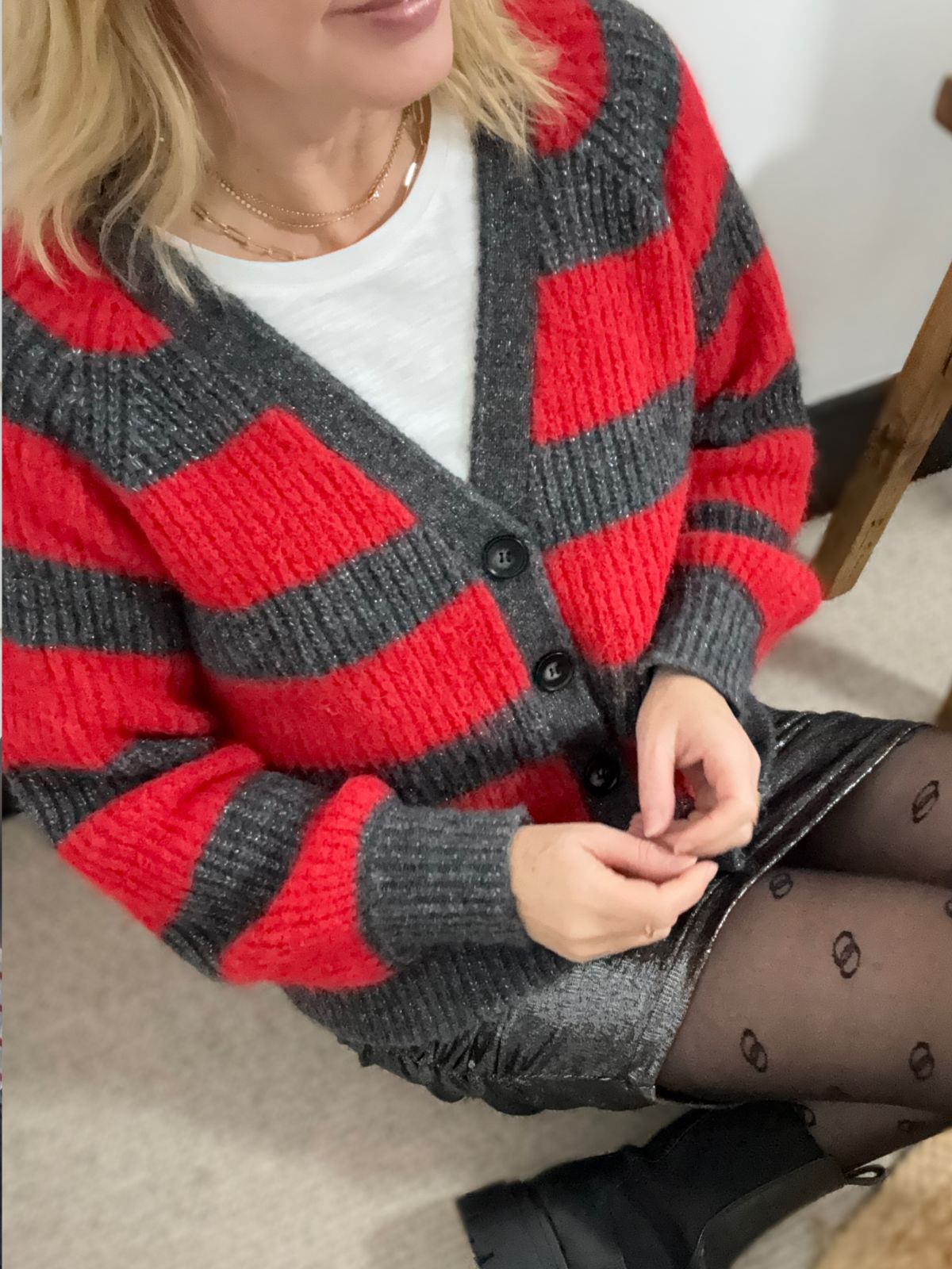 Joni Wide Stripe Wool Cardigan Red Charcoal
