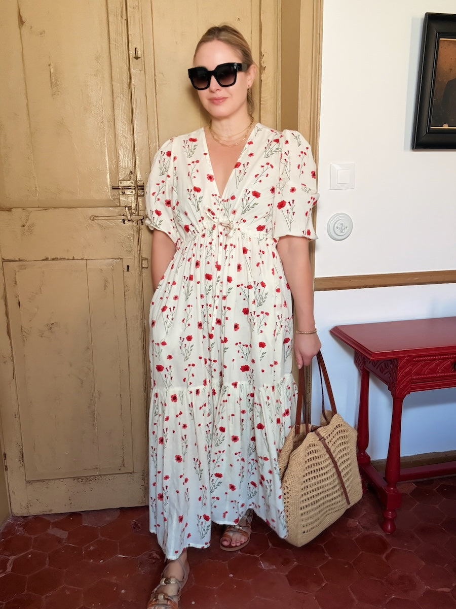 Vanessa Tiered Maxi Dress Red Stem Flower Print