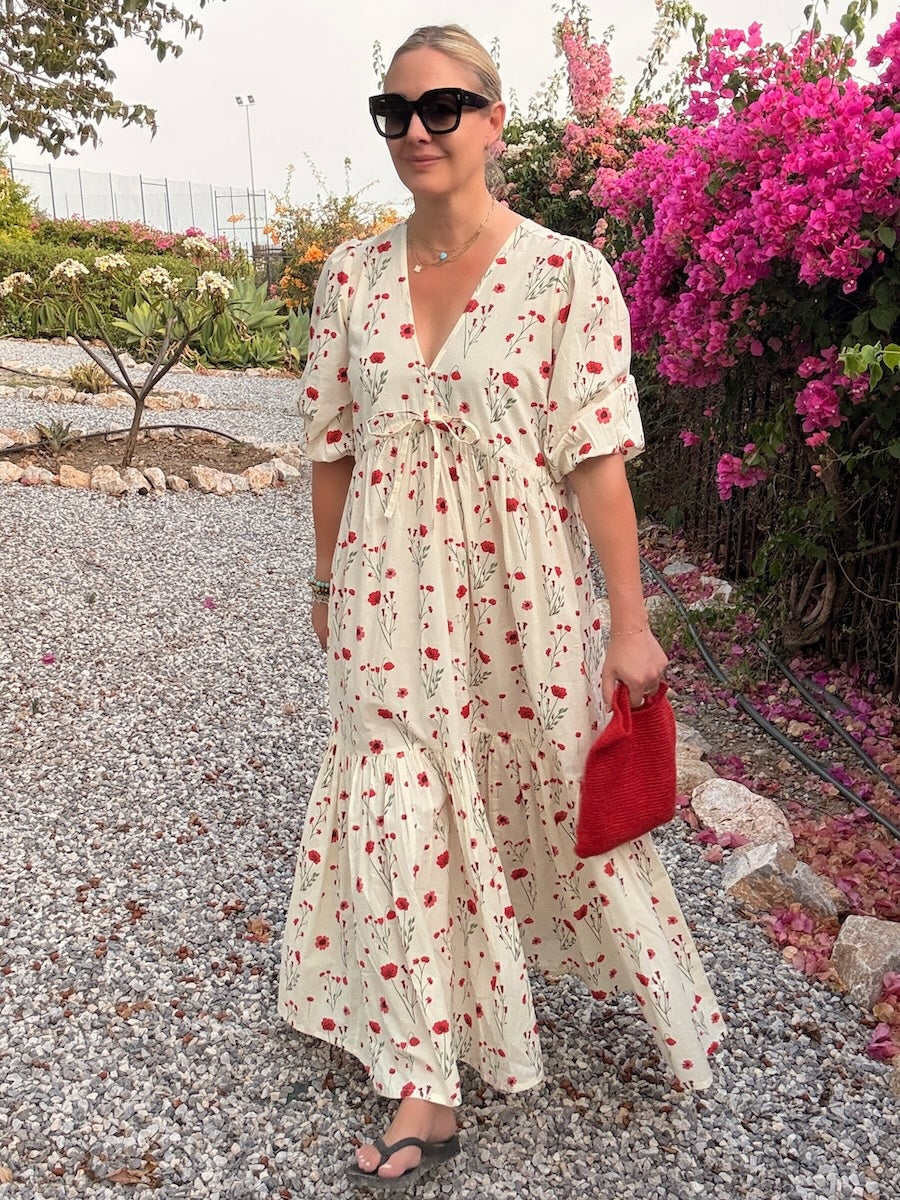 Vanessa Tiered Maxi Dress Red Stem Flower Print