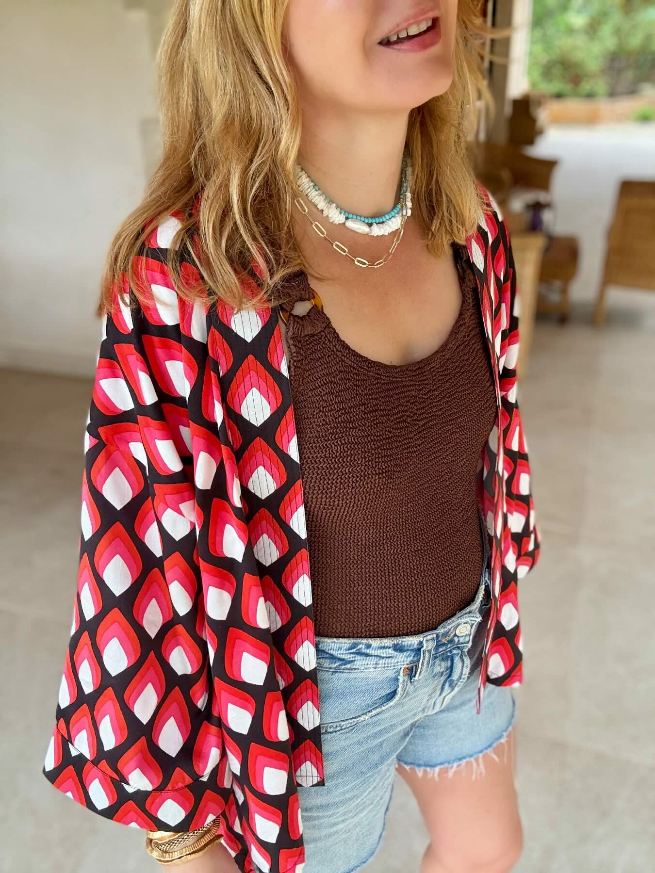 Abi Kimono Geo Print Pink Red