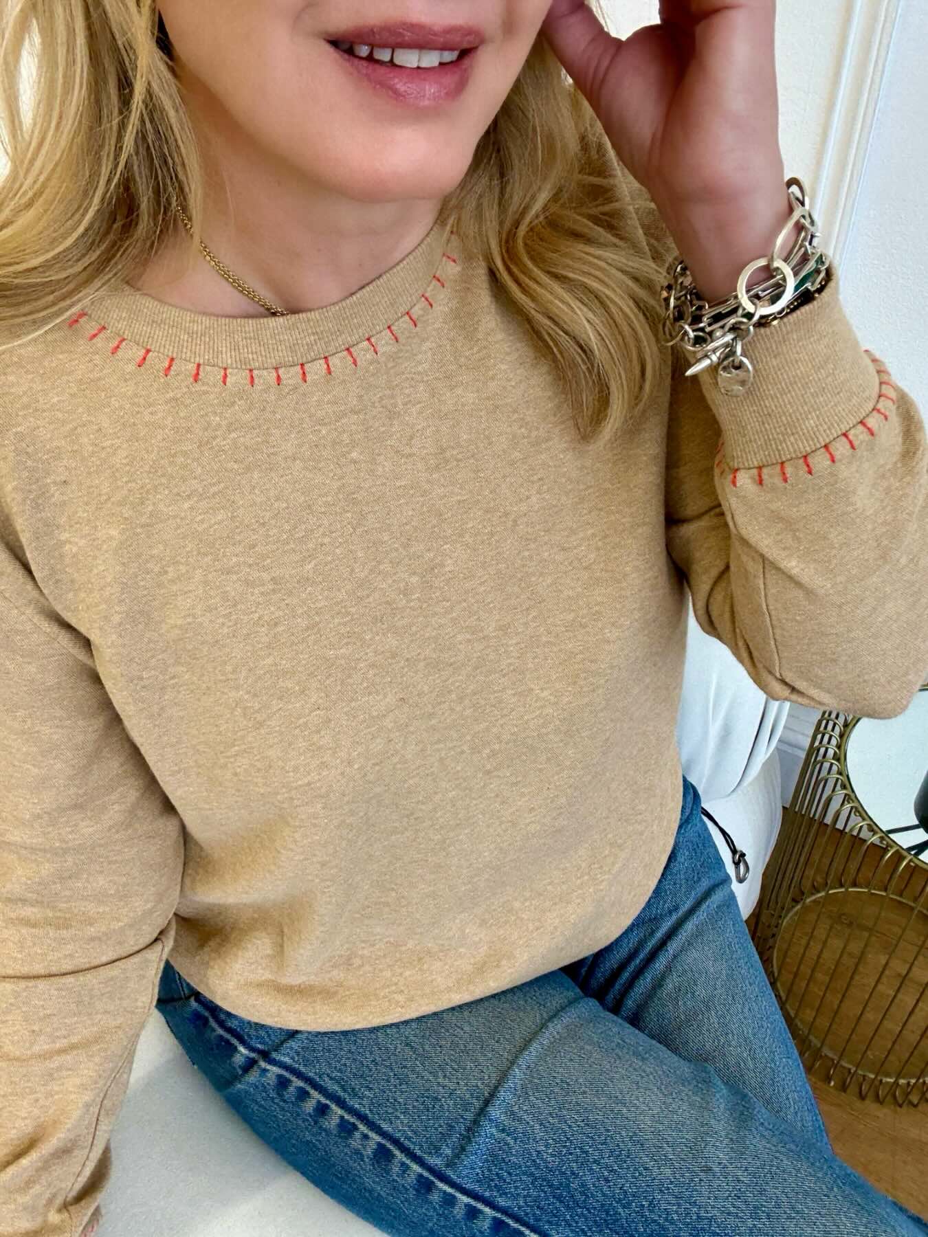 Maeve Fine Knit Blanket Stitch Sweatshirt Camel
