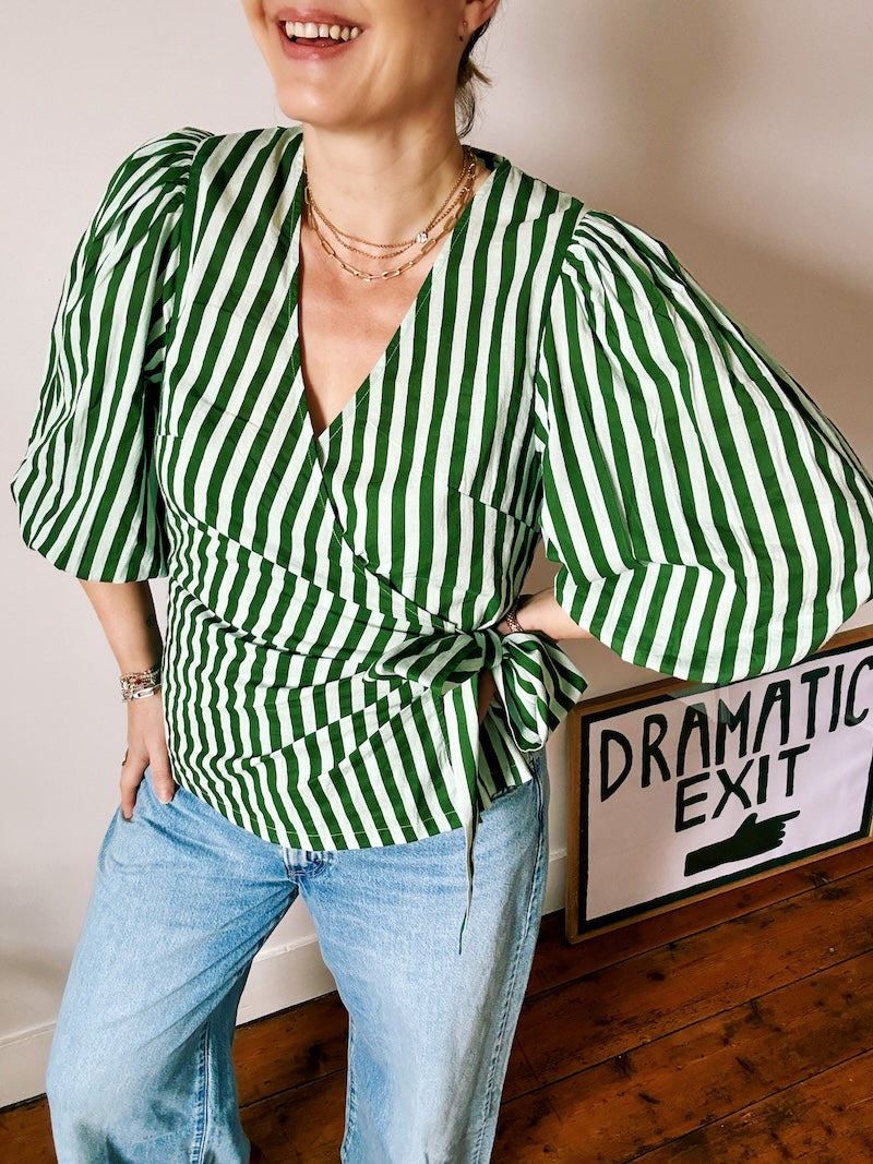 Cara Wrap Blouse Green Stripes
