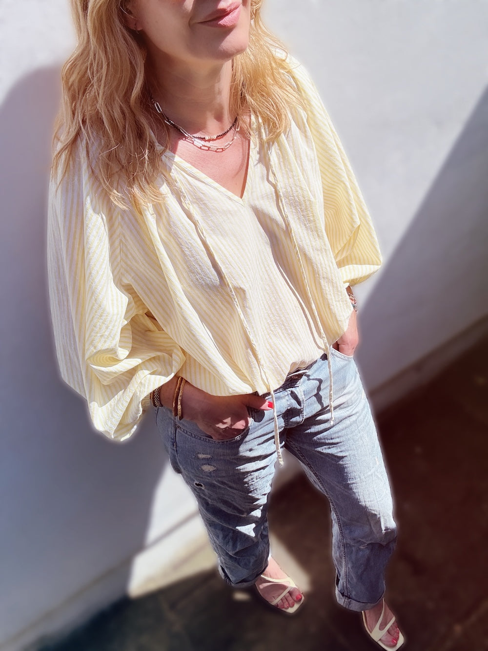 Emily Stripe Poet Blouse Organic Cotton Lemon