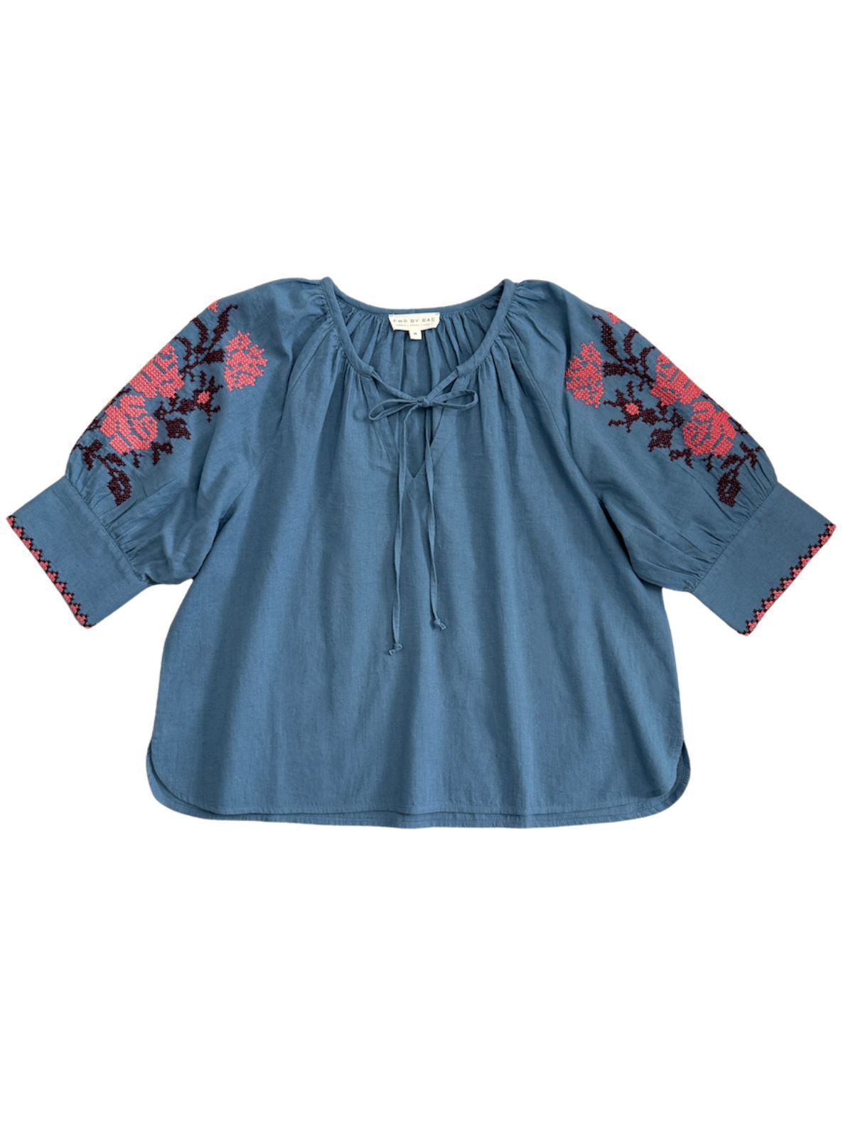 Gracey Boho Blouse Embroidered Sleeve Denim Blue
