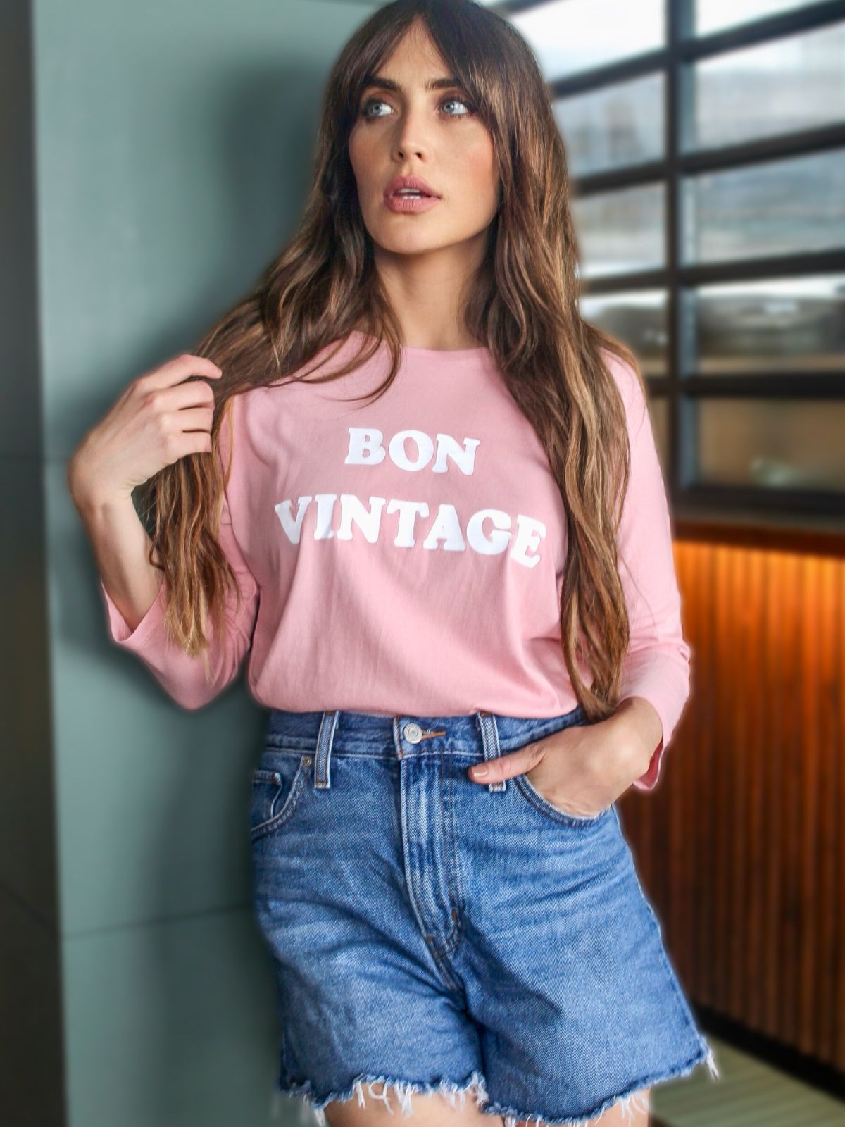 Bon Vintage 3/4 Sleeve Organic Cotton Top Pink White