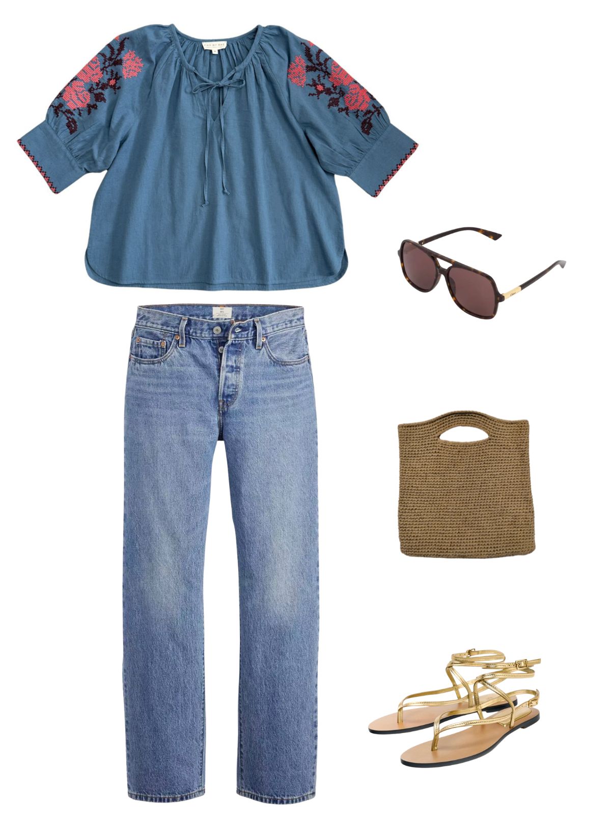 Gracey Boho Blouse Embroidered Sleeve Denim Blue