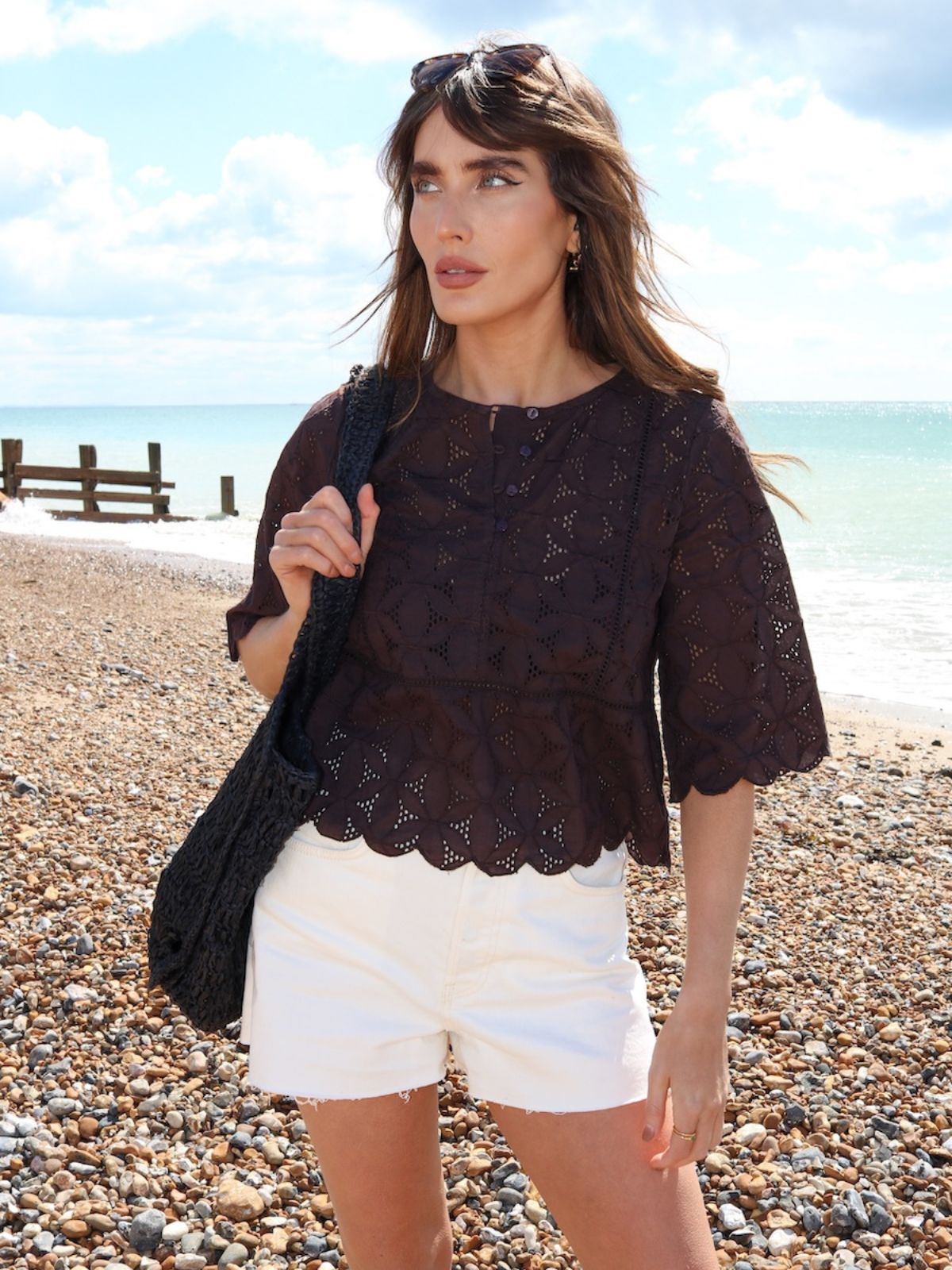 Sadie Broderie Blouse Scalloped Edge Dark Brown