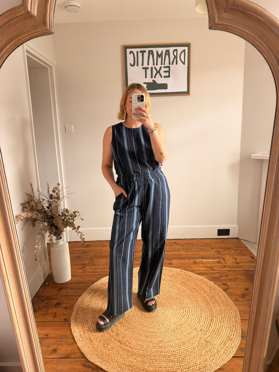 Imogen Linen Cotton Blend Blue Striped Relaxed Trousers