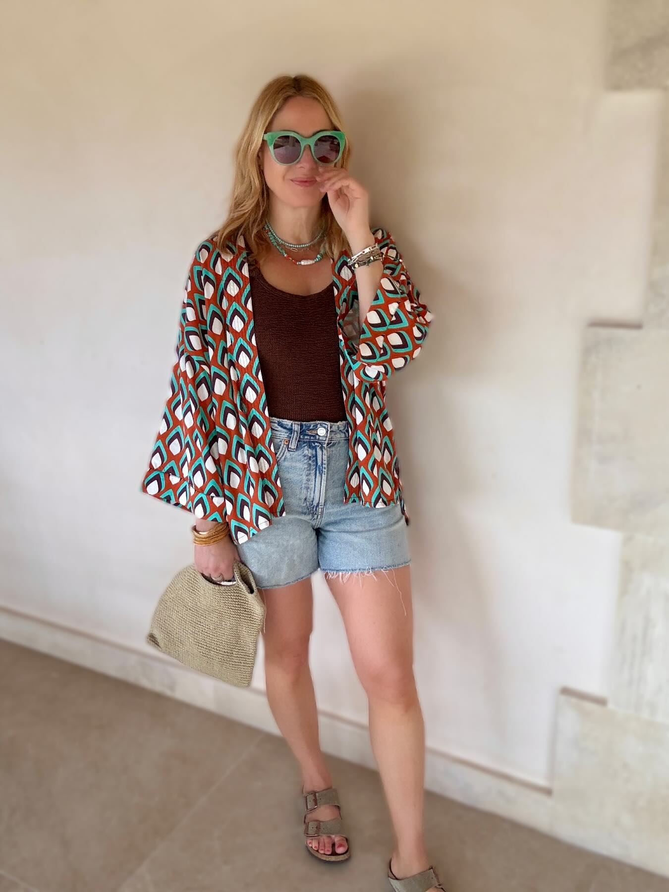 Abi Kimono Geo Print Turquoise Burnt Orange