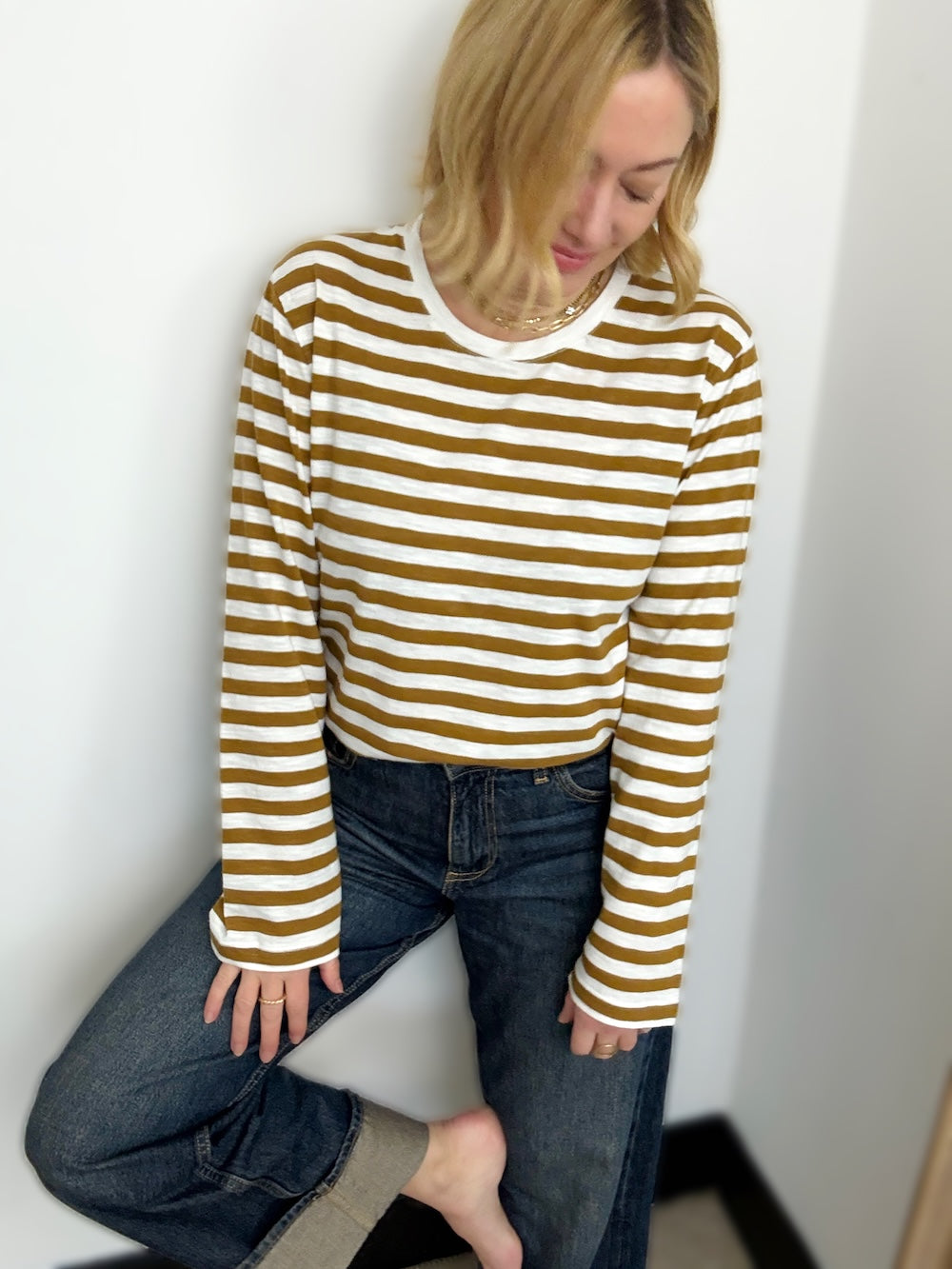 Stripe Long Sleeve Top Bronze Brown and Ivory