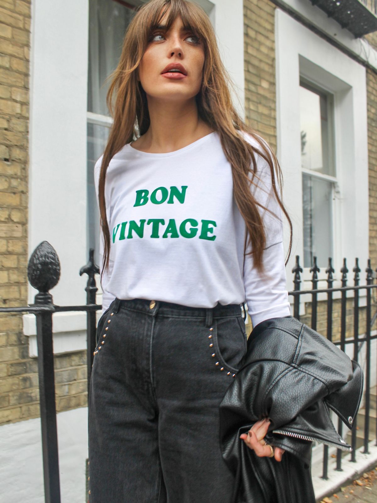 Bon Vintage 3/4 Sleeve Organic Cotton Top White Green