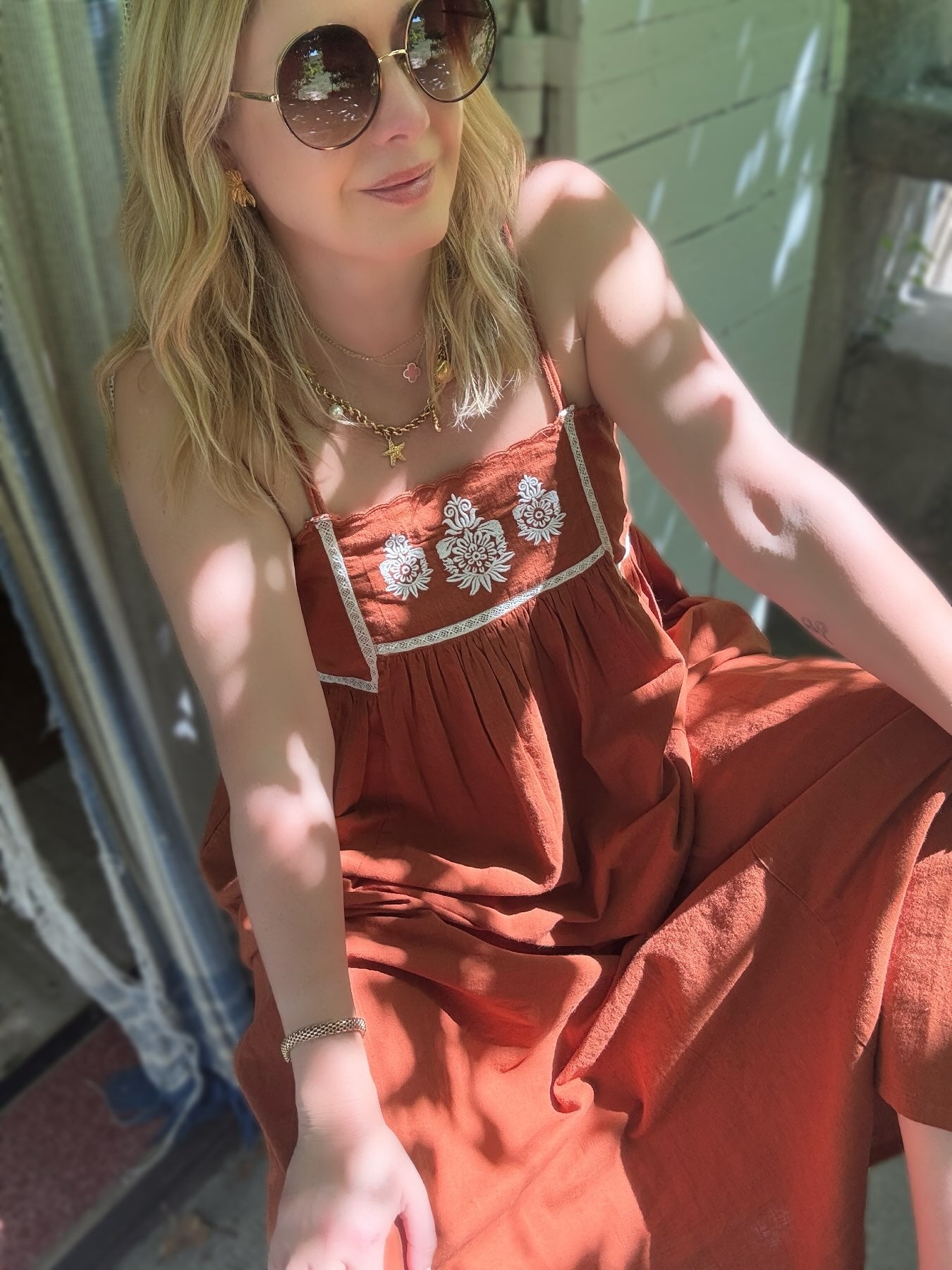 Florence Embroidered Linen Maxi Dress Brown