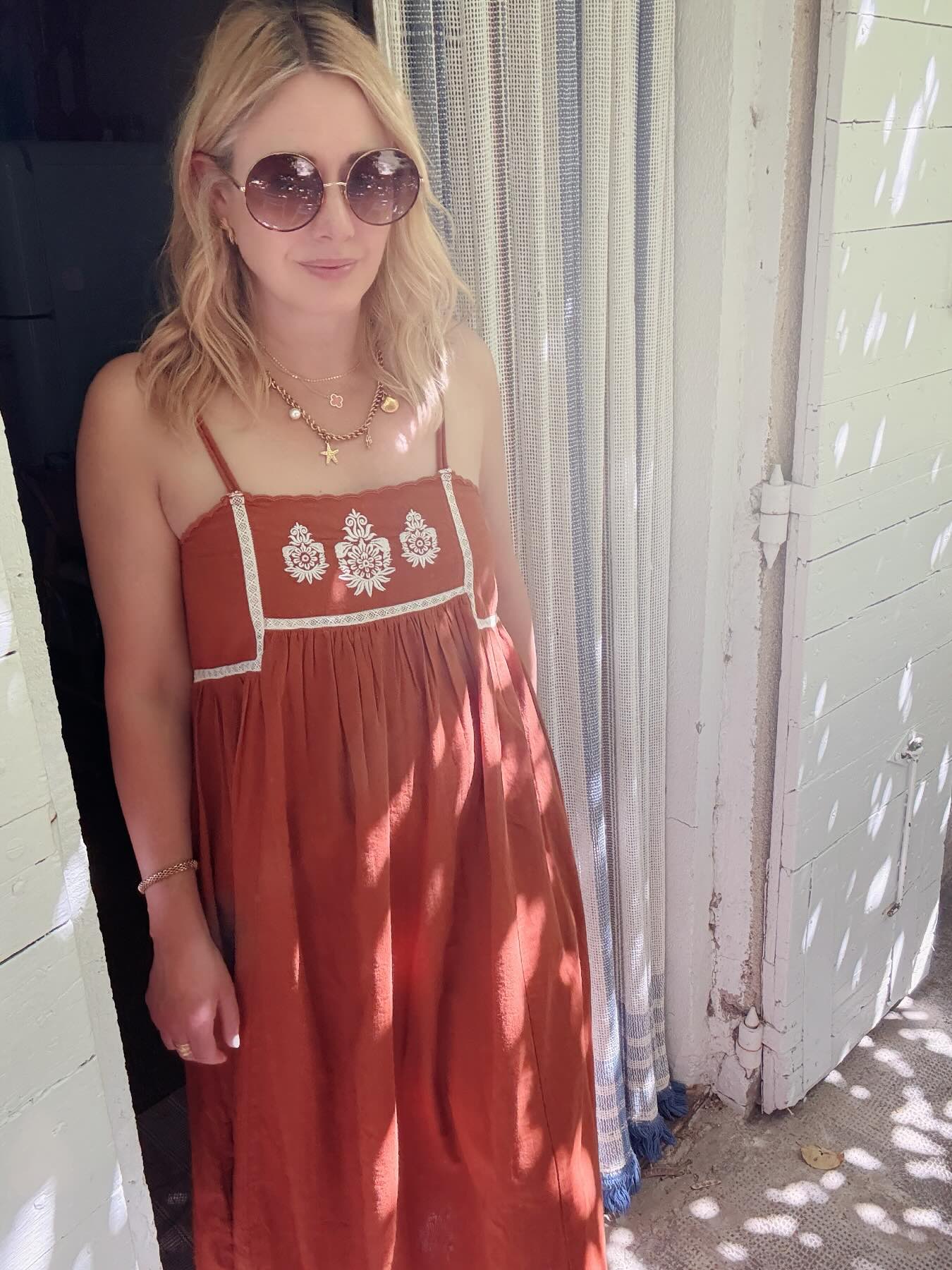 Florence Embroidered Linen Maxi Dress Brown