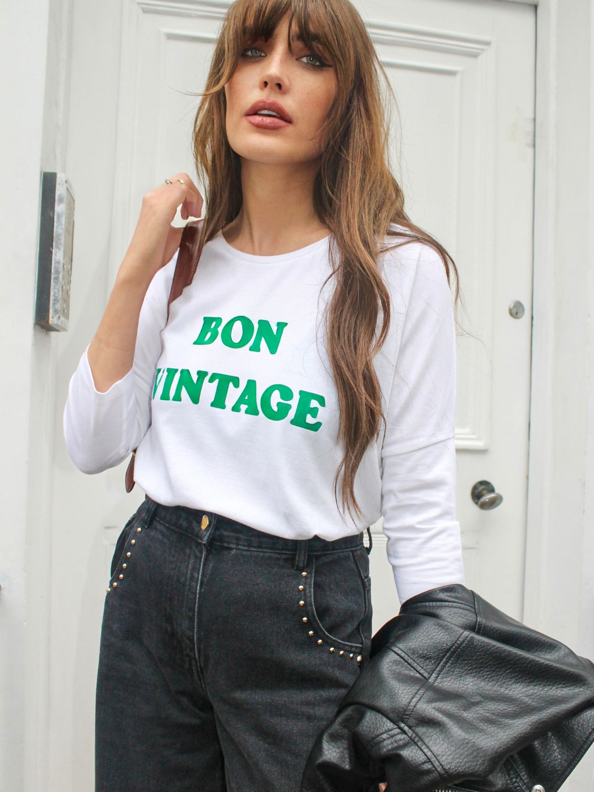 Bon Vintage 3/4 Sleeve Organic Cotton Top White Green