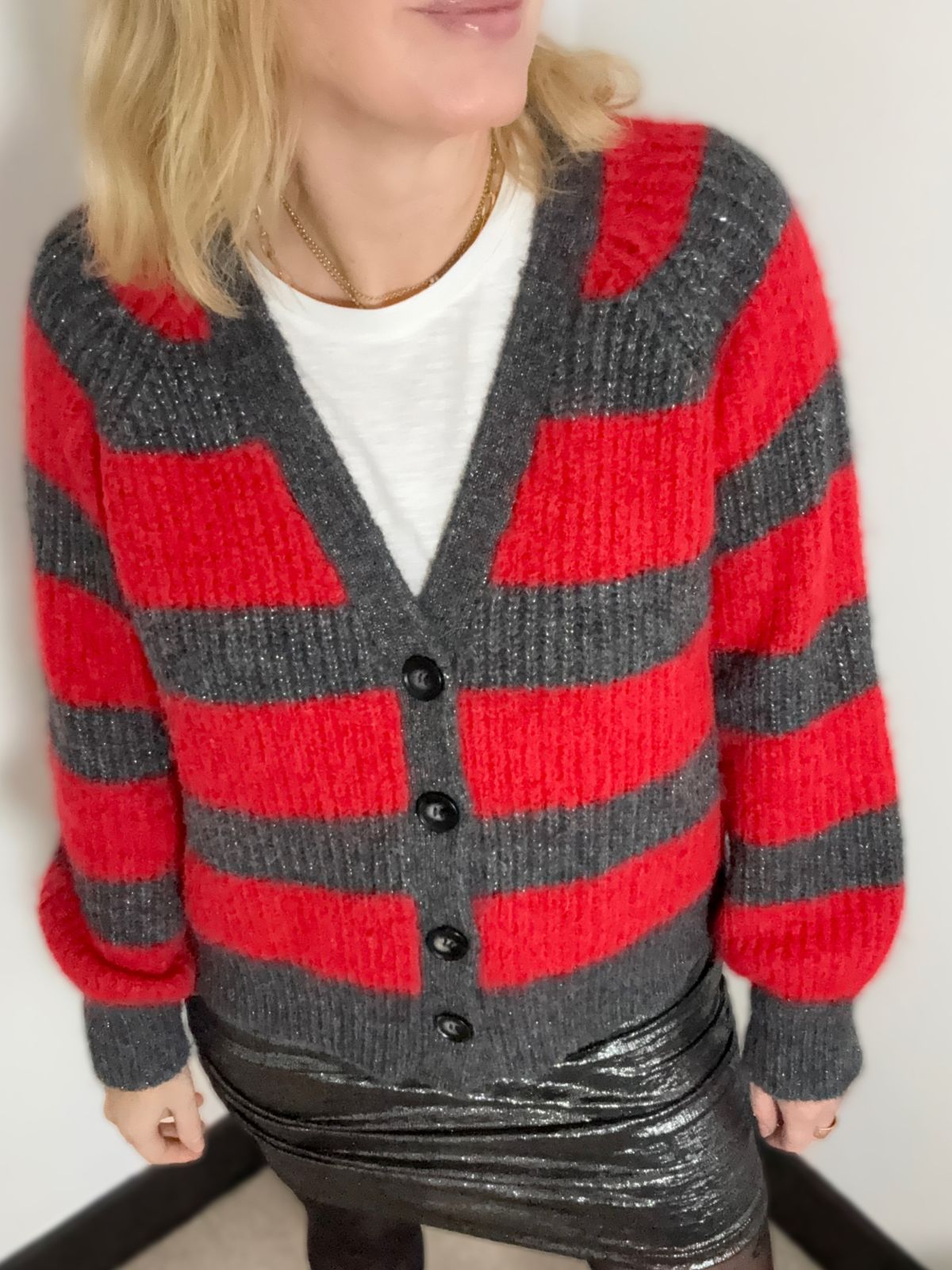 Joni Wide Stripe Wool Cardigan Red Charcoal
