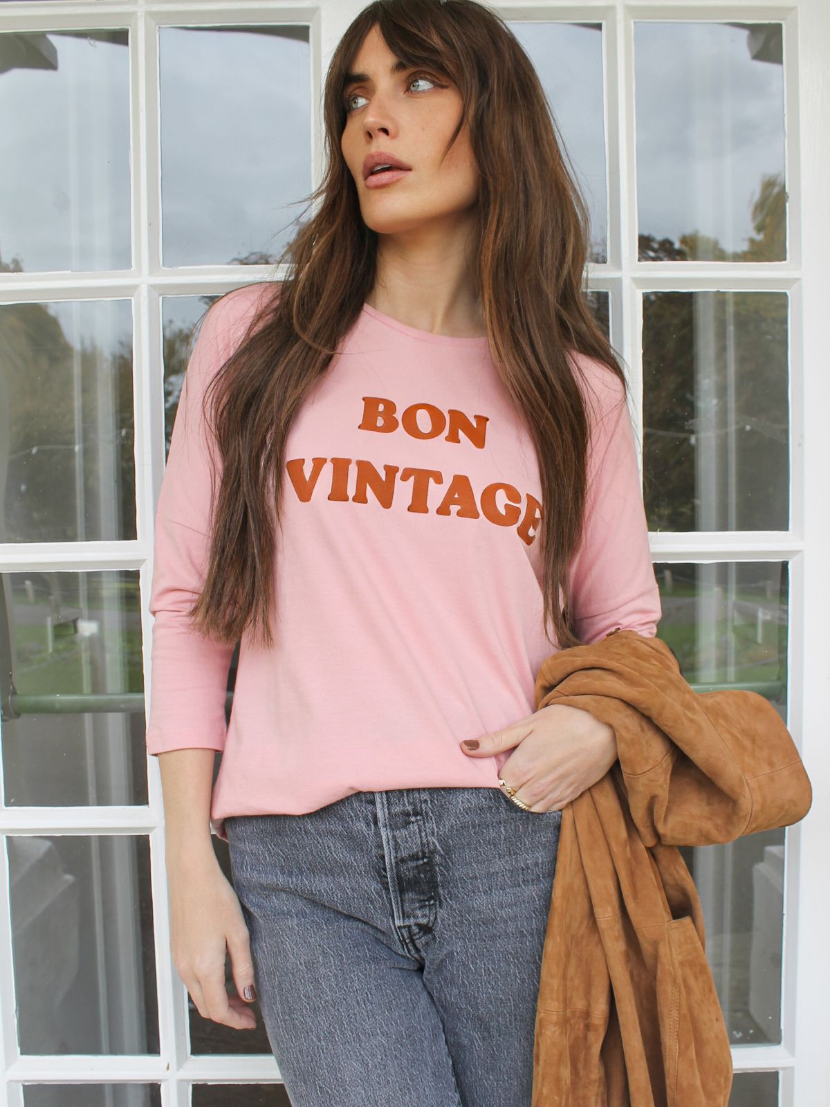 Bon Vintage 3/4 Sleeve Organic Cotton Top Pink Caramel